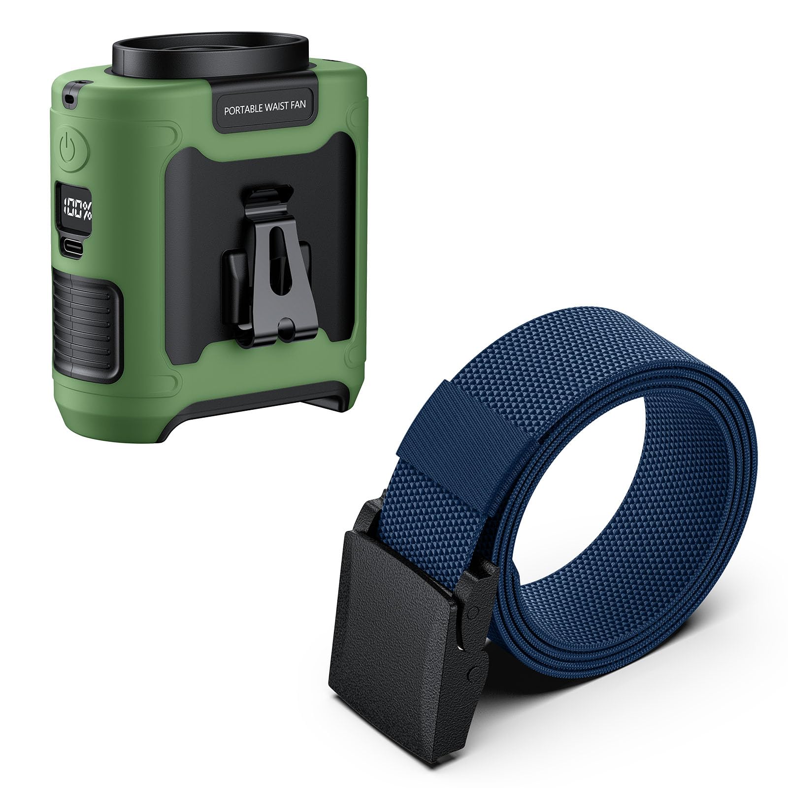 morsisho 1 Pack Green Portable Waist Fan and 1 Pack Dark Blue Tactical Nylon Belt