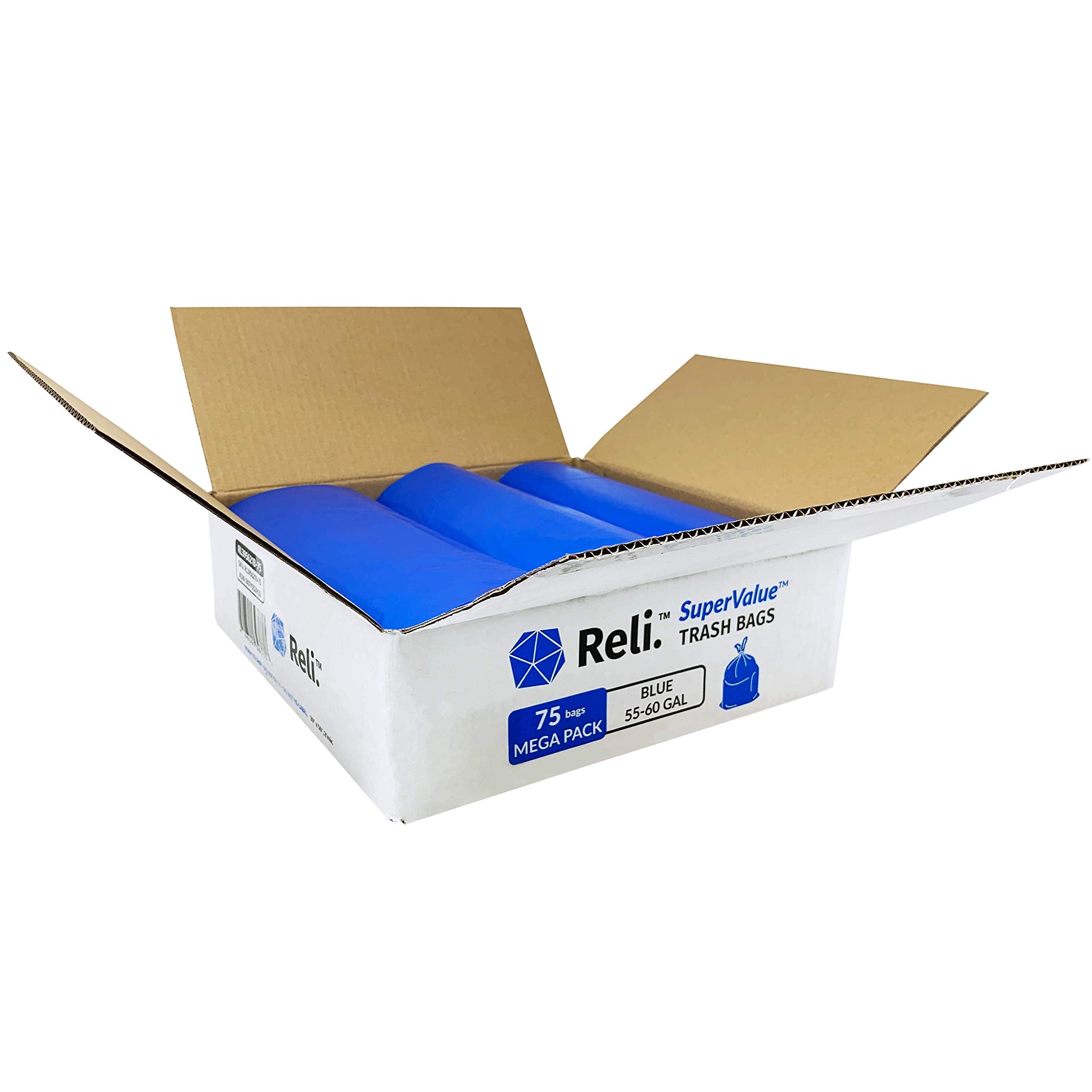 Reli. SuperValue 55-60 Gallon Recycling Bags | 75 Count | Blue Trash Bags | Made in the USA