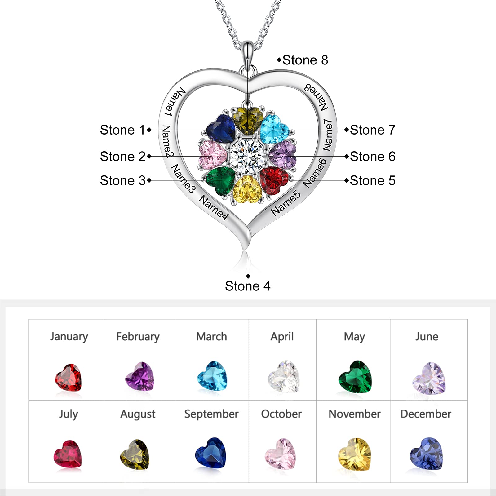 Personalized Names Forever Love Heart Women Necklace with 1-8 Simulated Birthstone Pendant Necklaces for Grandma Family Promise Jewelry Birthday Gift for Her Mom Wife (8 stones)