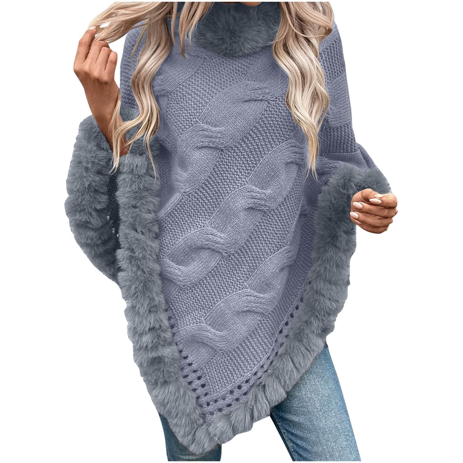 Women Fall Shawl Wrap Loose Winter Warm Faux Fur Collar Cape Sweater Jacket Cable Knit Shawls Scarf Poncho Irregular Top Gray