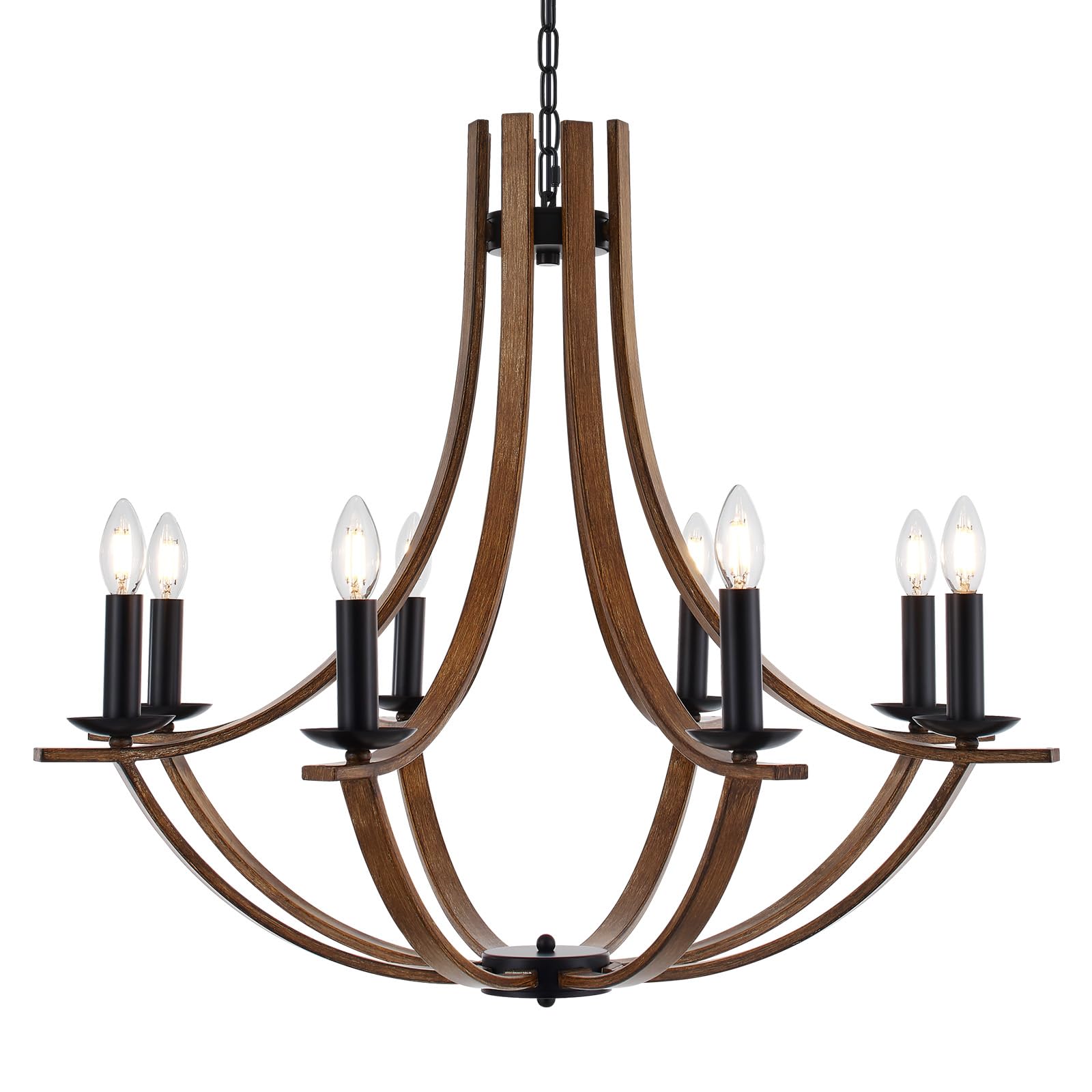 Widluth Farmhouse Wooden Chandelier Large 8-Lights Vintage 31.5" Candle Style Chandelier with Wood Finish Industrial Retro Rustic Black Chandelier for Dining Room, Kitchen Island, Living Room, E12