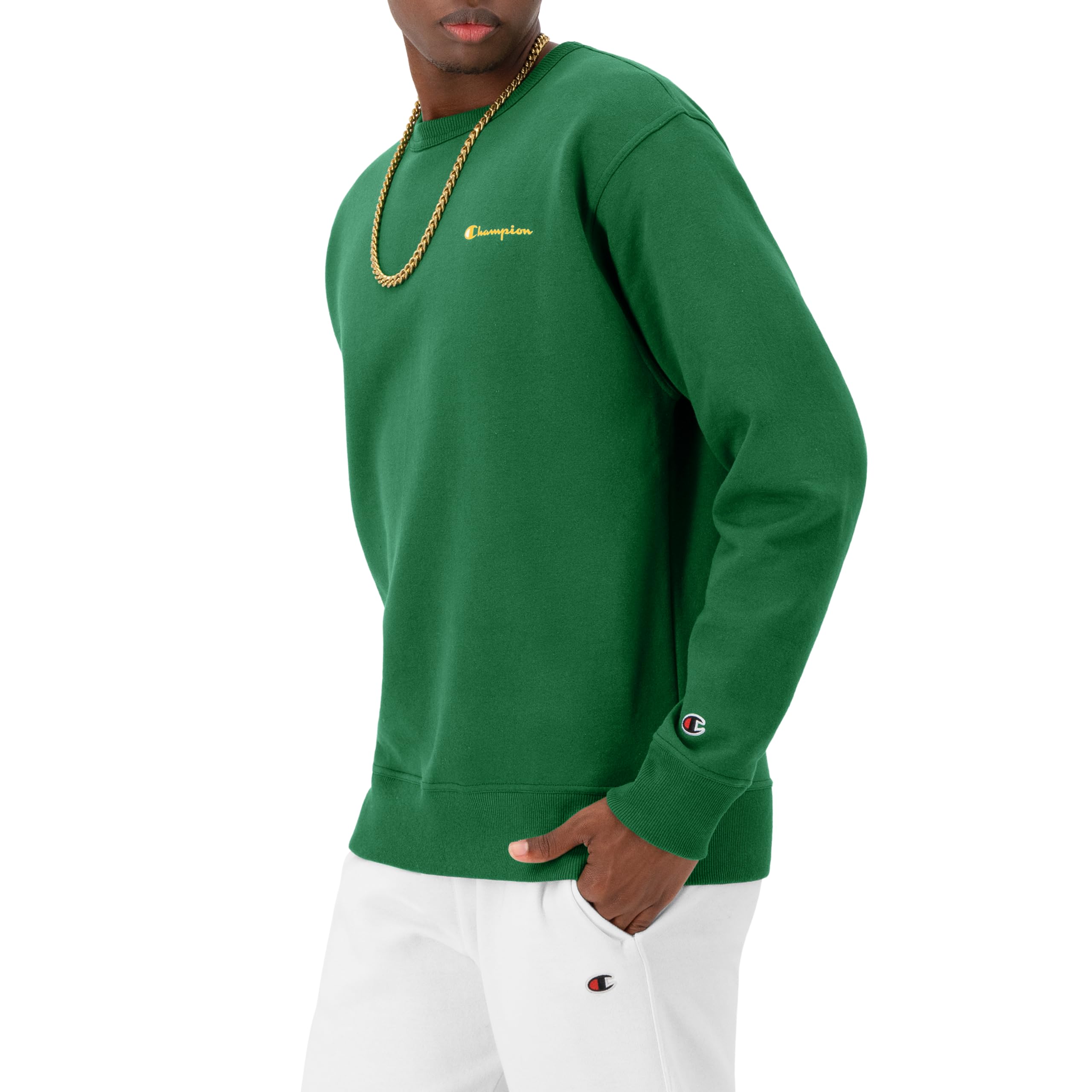 Champion Crewneck, Powerblend Fleece, Hoodie Sweatshirt for Men, Logo (Reg. or Big & Tall), Road Sign Green Small Script