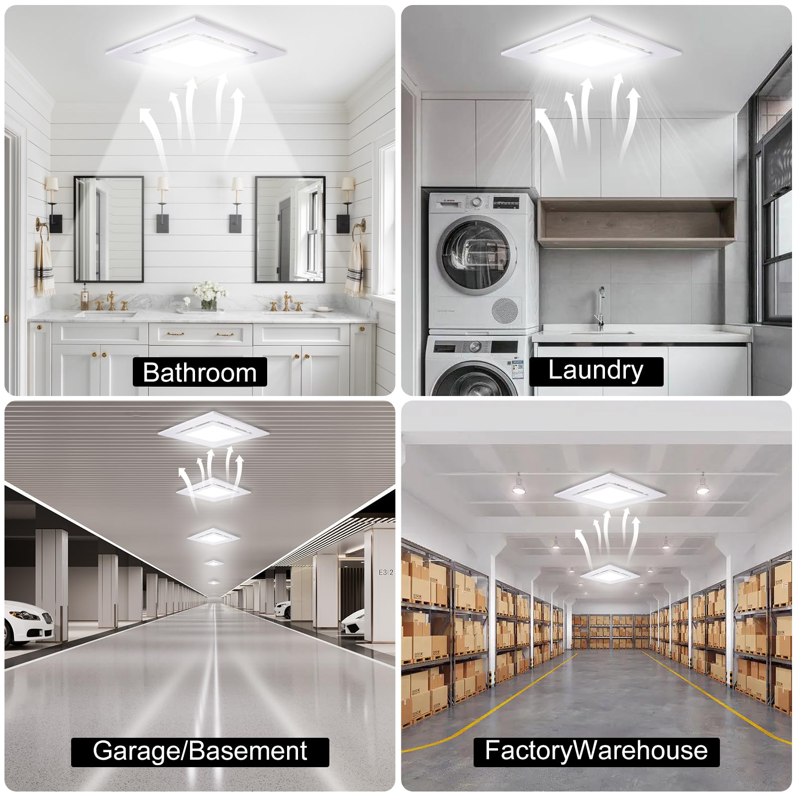 Mmucco Bathroom Exhaust Fan with Light,144 CFM 1.0 Sones Double Switch Ultra Quiet Bathroom Vent Fan Square White for Home Bath Office Hotel LED 15w,Fan 35w 110V