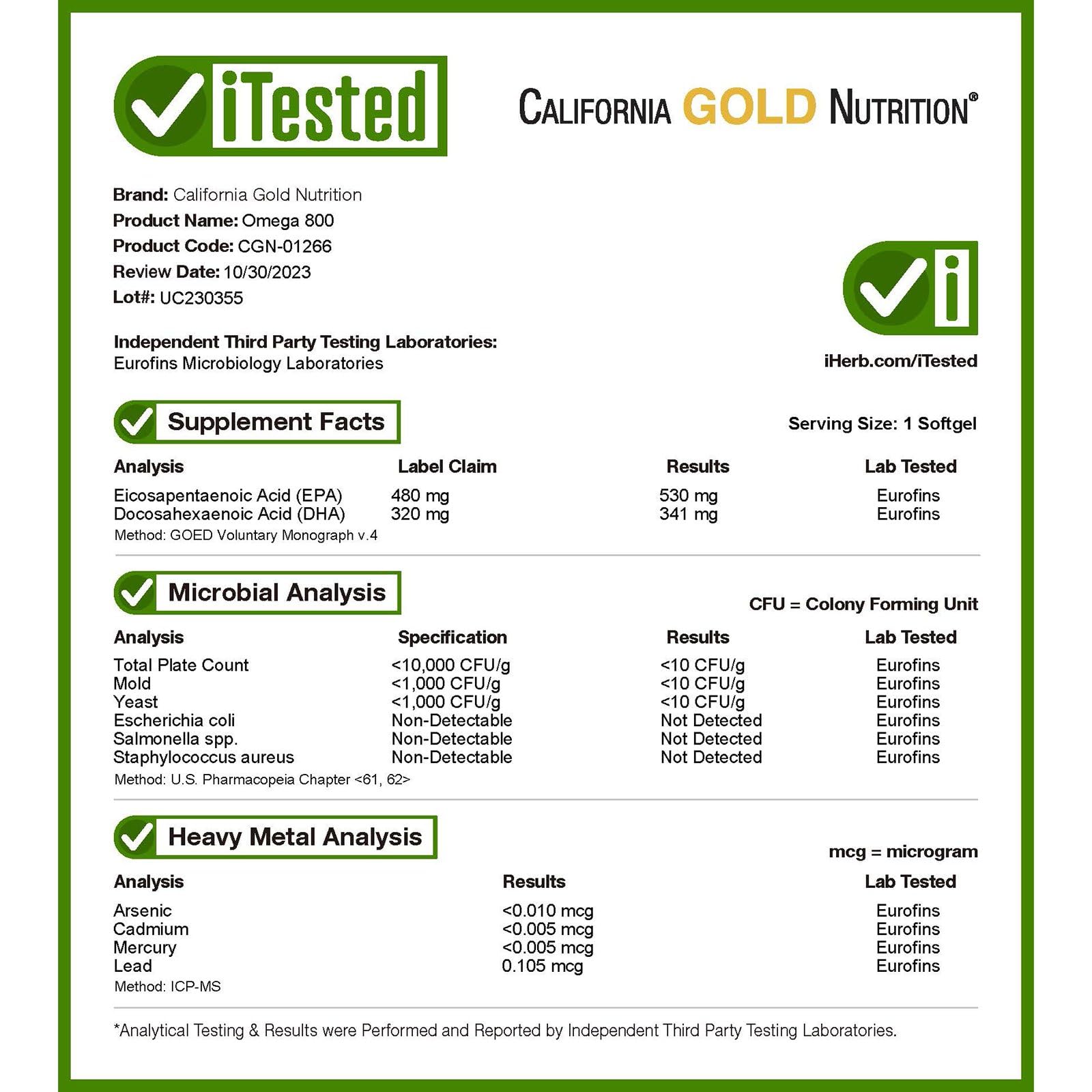 California Gold Nutrition Omega 800 Ultra-Concentrated Omega-3 Fish Oil, kd-pur Triglyceride Form, 1,000 mg, 90 Fish Gelatin Softgels