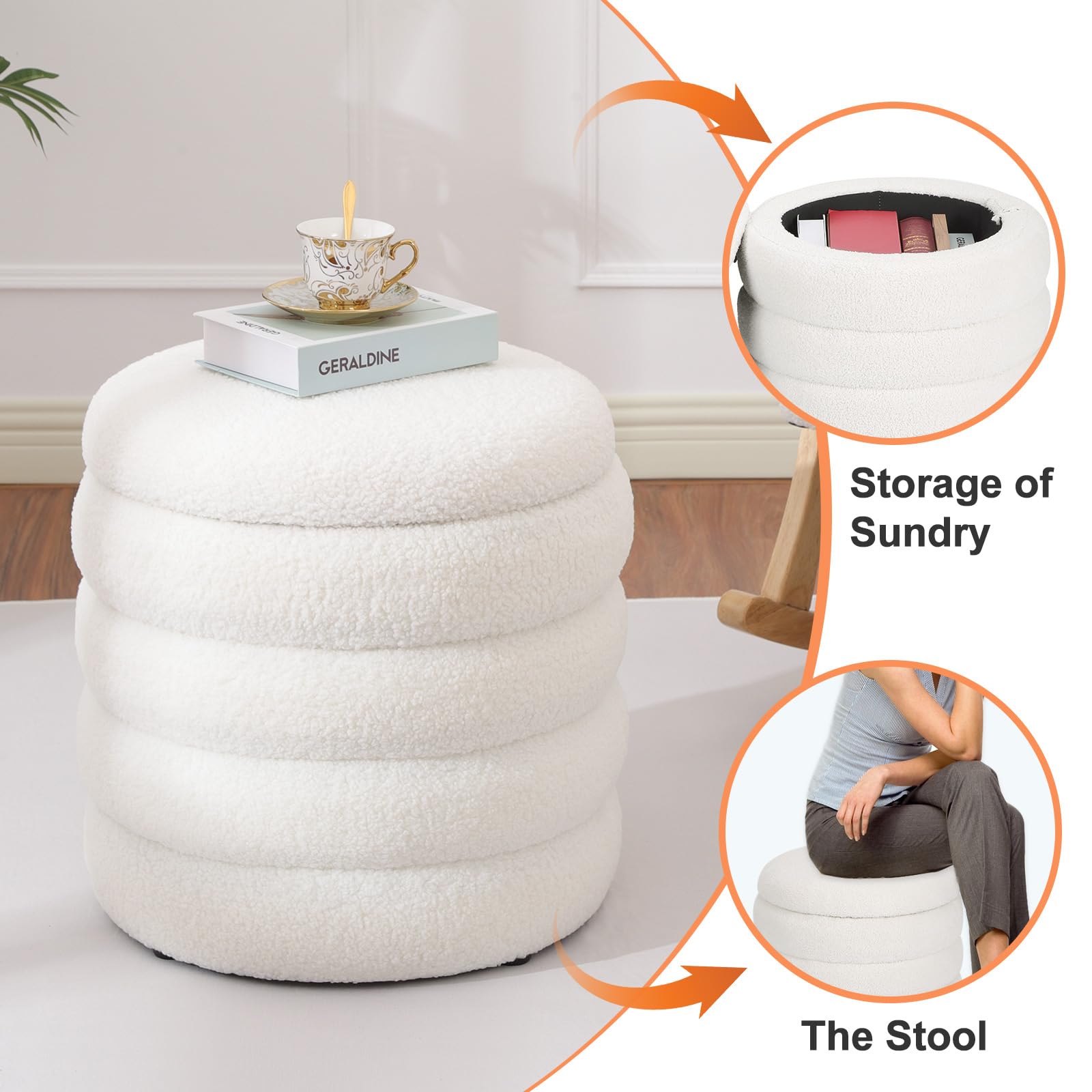 Dolift Teddy Sherpa Round Ottoman with Storage, Modern Upholstered Vanity Stool Foot Rest, Small White Boucle Storage Ottoman for Bedroom, Living Room, Entryway, Dorm