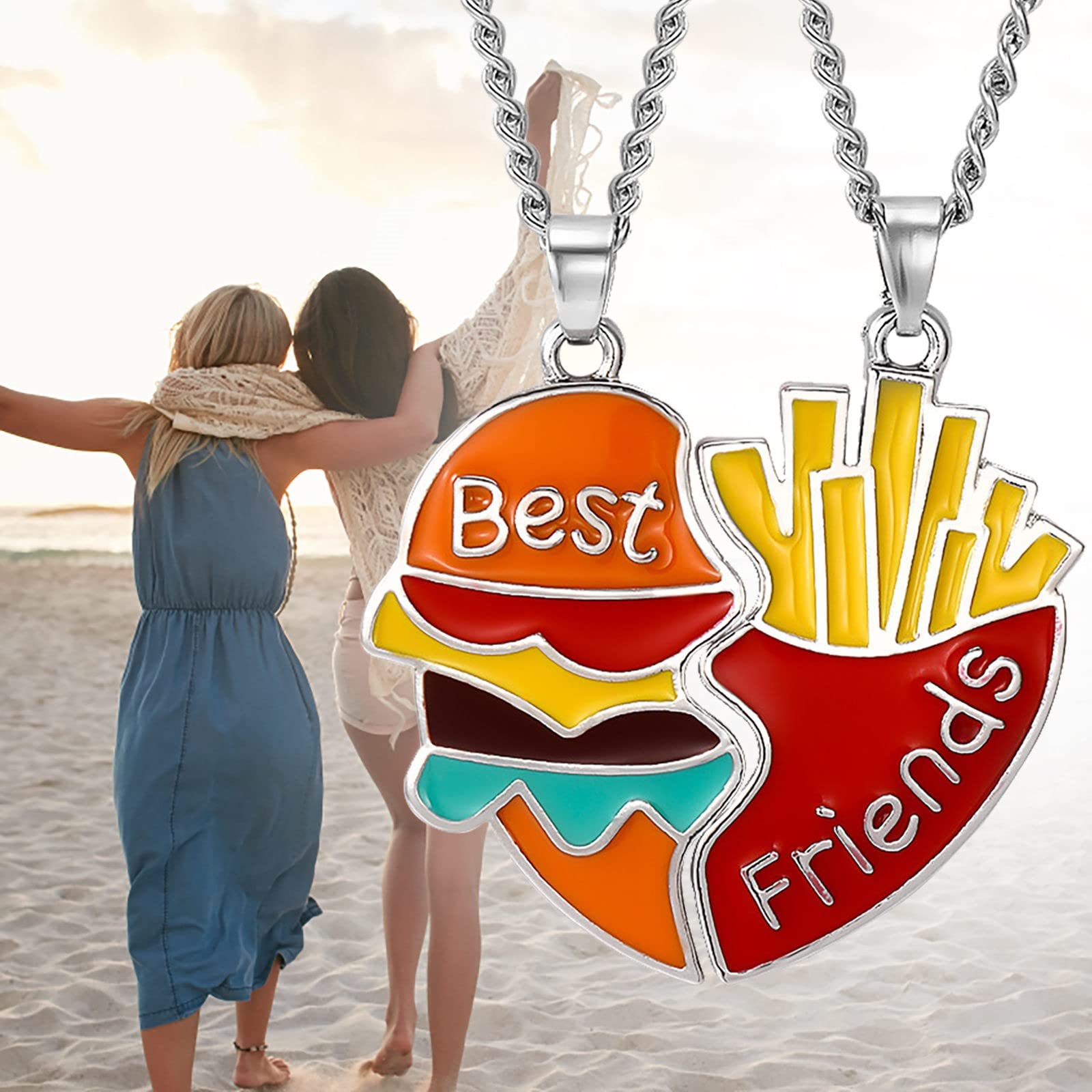 2 Pcs Friendship Pendant Necklace for Women 2-Split Best Friend Forever Necklace Funny Burger and Fries Statement Necklace Teen Girls Jewelry Birthday Gifts Gold Moon Pendant (as show, One Size)