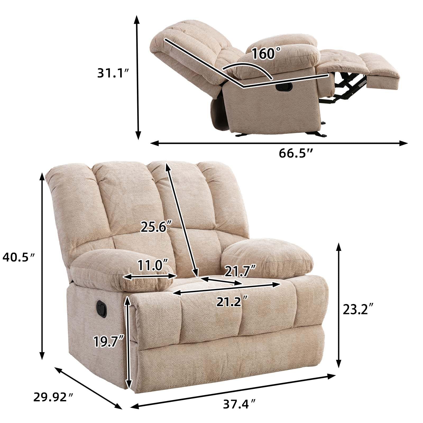 Dreamsir Oversized Rocker Recliner Chair, Manual Recliner Single Sofa Couch, Soft Fabric Overstuffed Rocking Chair for Living Room, Theater Seating for Big Man, Sandy