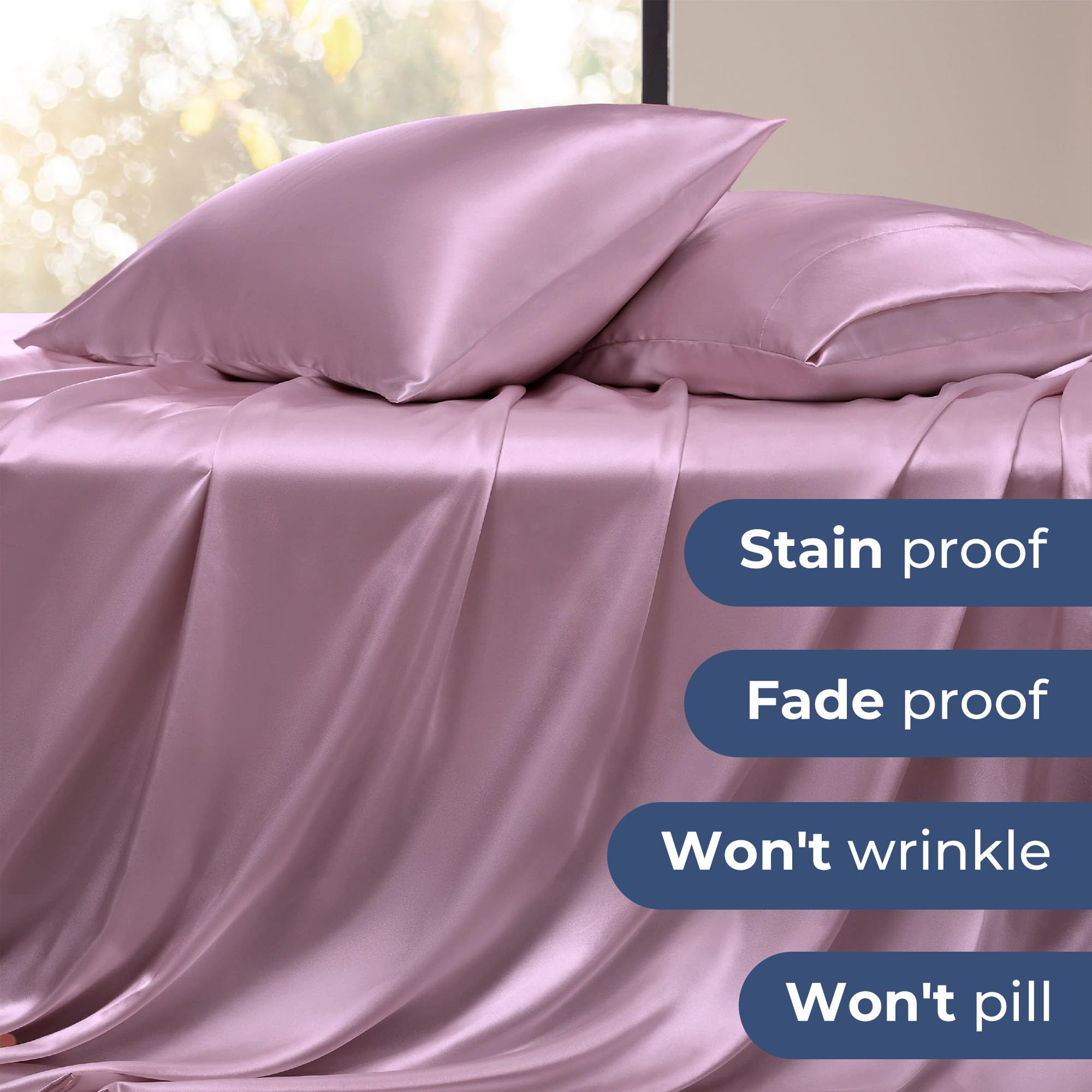 Seasonwood Satin Sheets Set Queen Size 4 Pieces 1800 Microfiber 2 Pillowcase 20''x30'' Red Bean Sand Satin Sheets