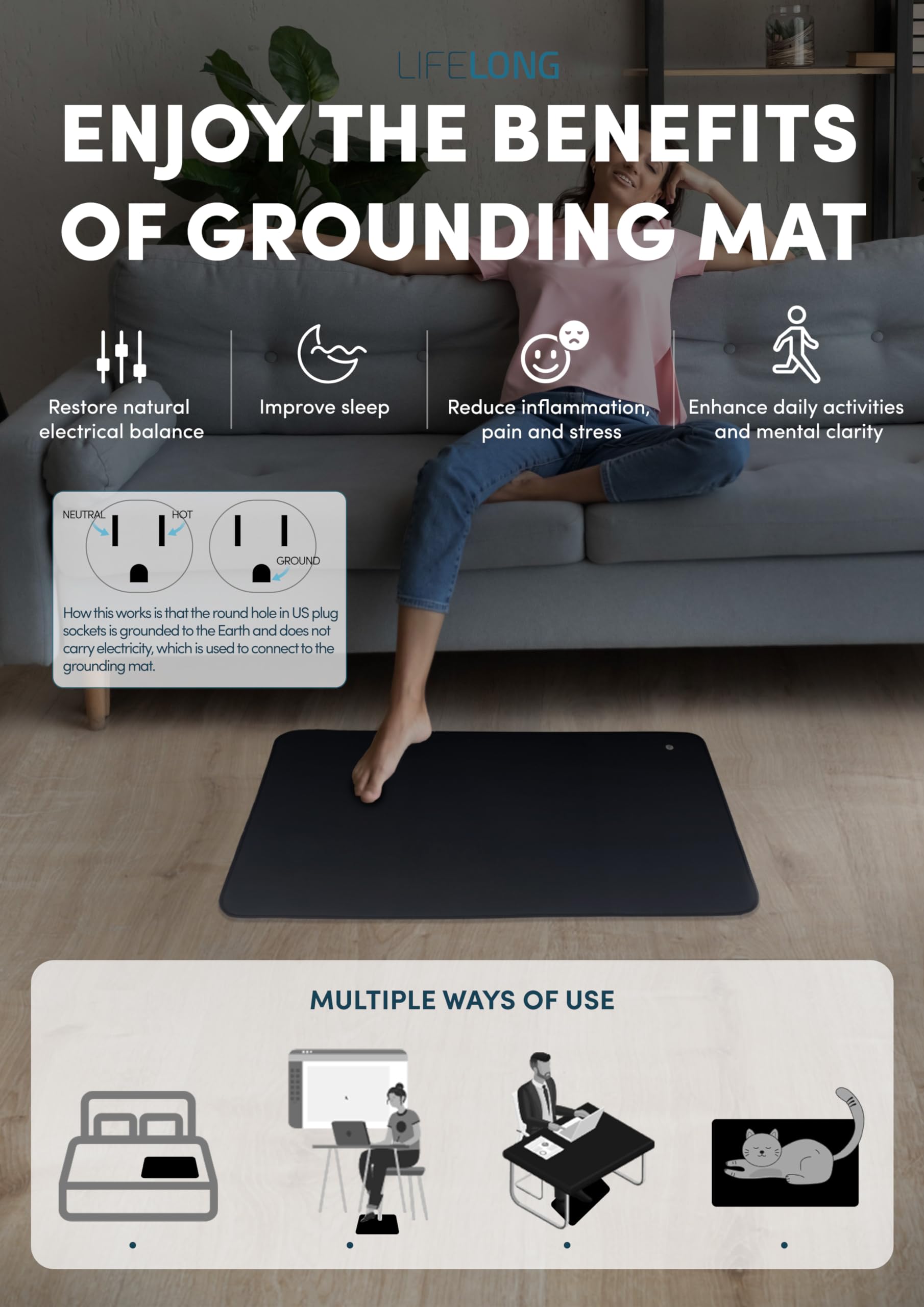 Lifelong Grounding Mat, Pain and Anxiety Relief, Reduced Inflammation, Earthing Mat Grouding Sheet Pad for Bed, Desk, Connect to Earth Indoor at Home, Office