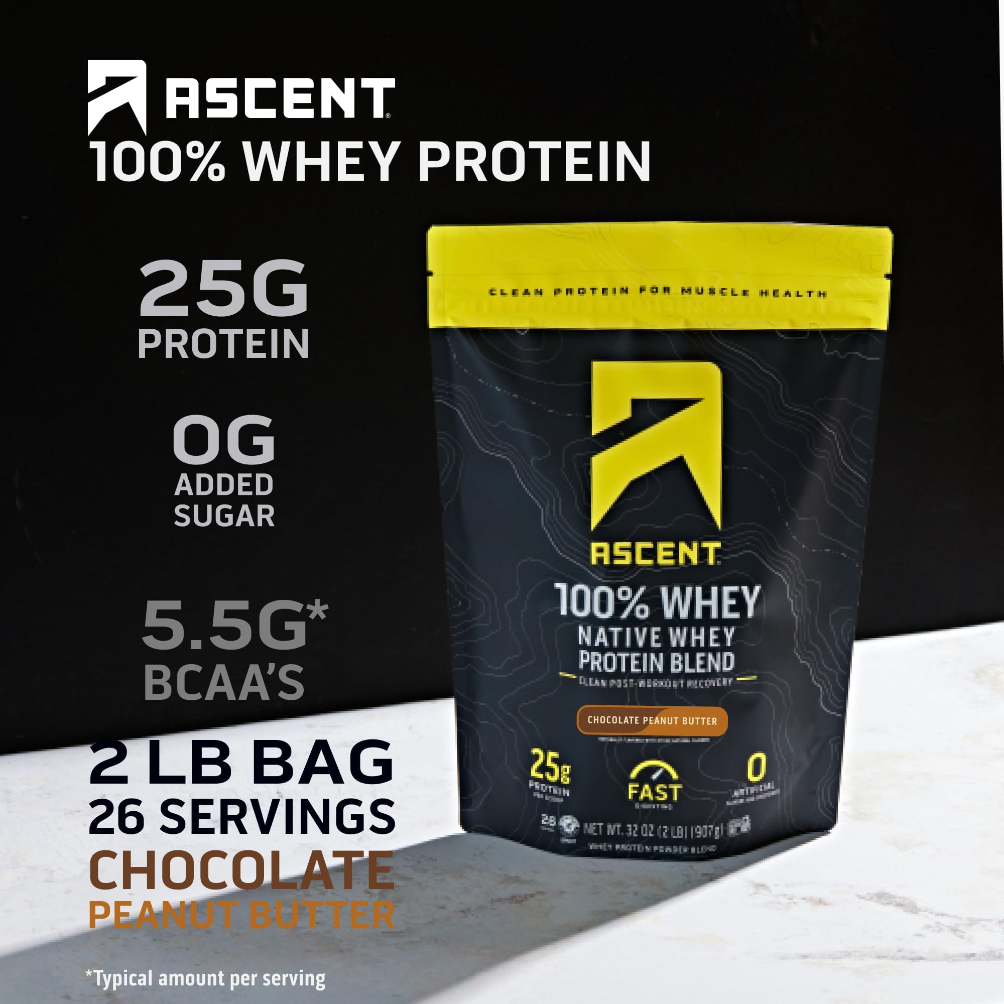 Ascent 100% Whey Protein Powder - Post Workout Whey Protein Isolate, Zero Artificial Flavors & Sweeteners, Gluten Free, 5.5g BCAA, 2.6g Leucine, Essential Amino Acids, Chocolate Peanut Butter 2 lb