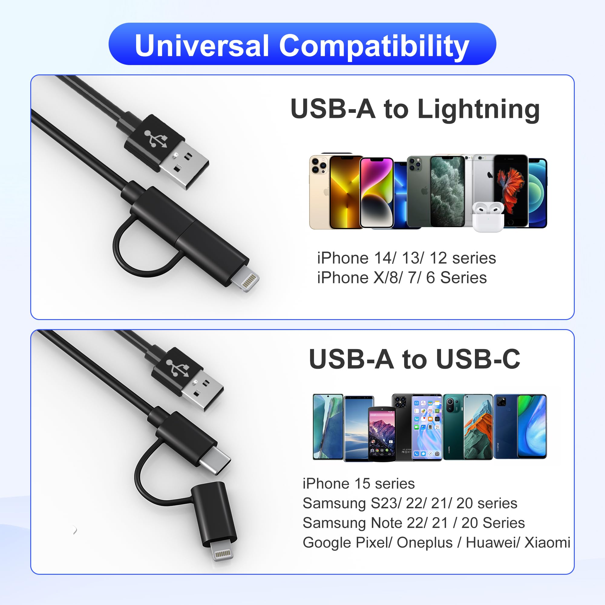 USB to USB-C and Lightning Cable Combo 2 in 1 Coiled Cable Apple Carplay & Android Auto Compatible [MFi & 3A Fast Charge & Data Sync] Coiled Lightning and USB C Cable for iPhone 16/15/14/13/12/Android