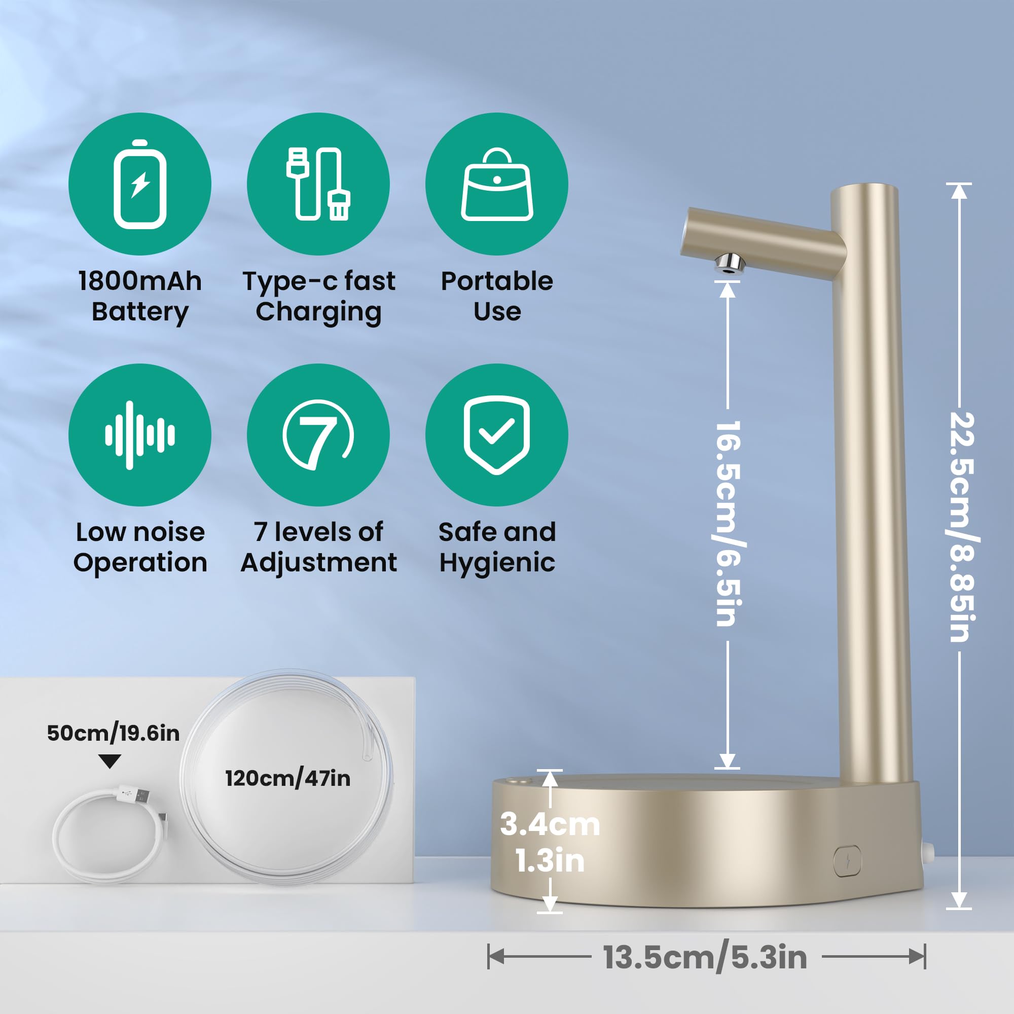 Water Dispenser - Desktop Water Dispenser for 5 Gallon Bottle, Smart Table Water Pump with 7 Level Quantitative Portable Detachable Type-C Charging, Application Home, Office, Camping, Travel (Gold)