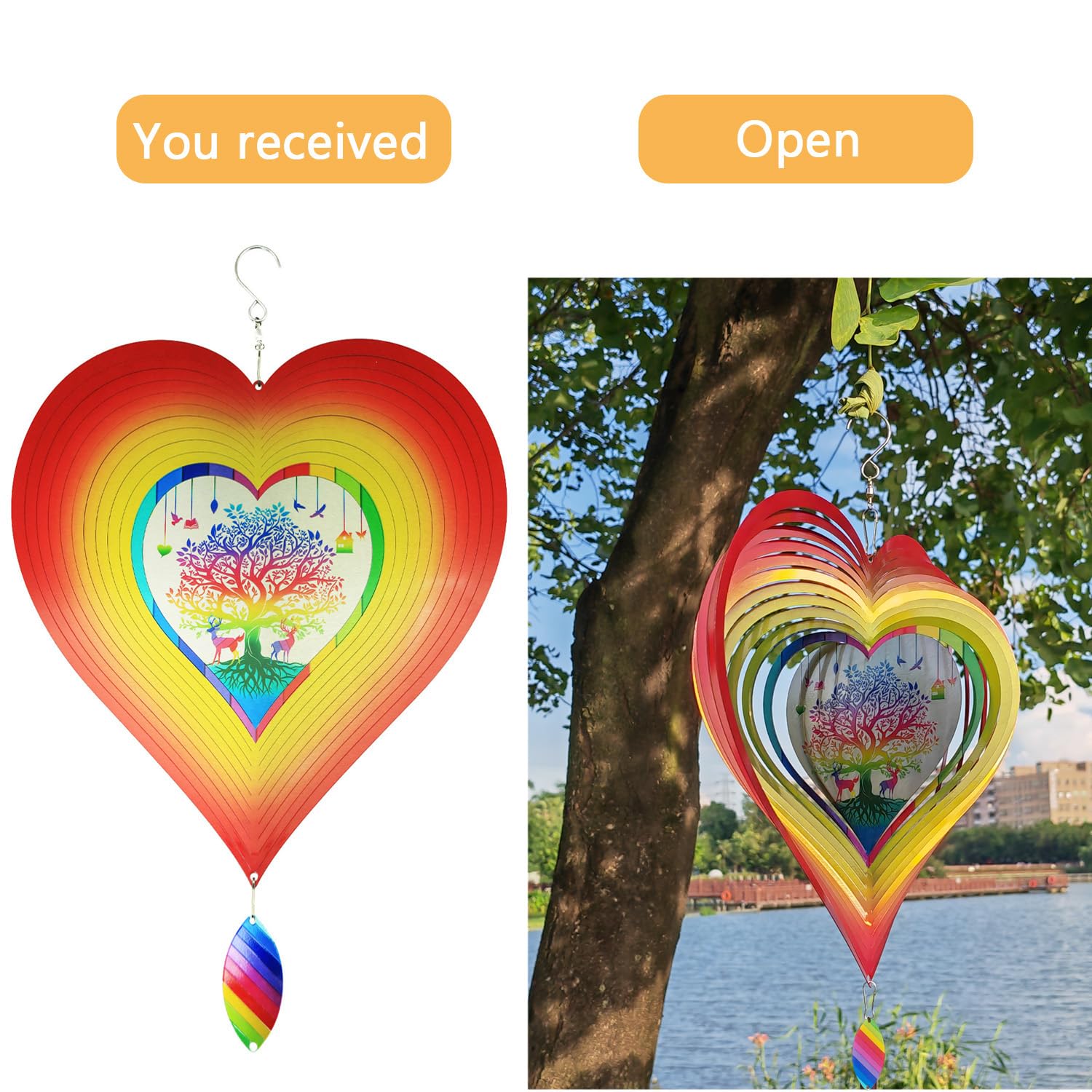 Heart Wind Spinners for Yard and Garden, 3D Metal Ornaments Garden Decor Gifts Stainless Steel Heart Pattern Spinners with 360° Rotating Hook