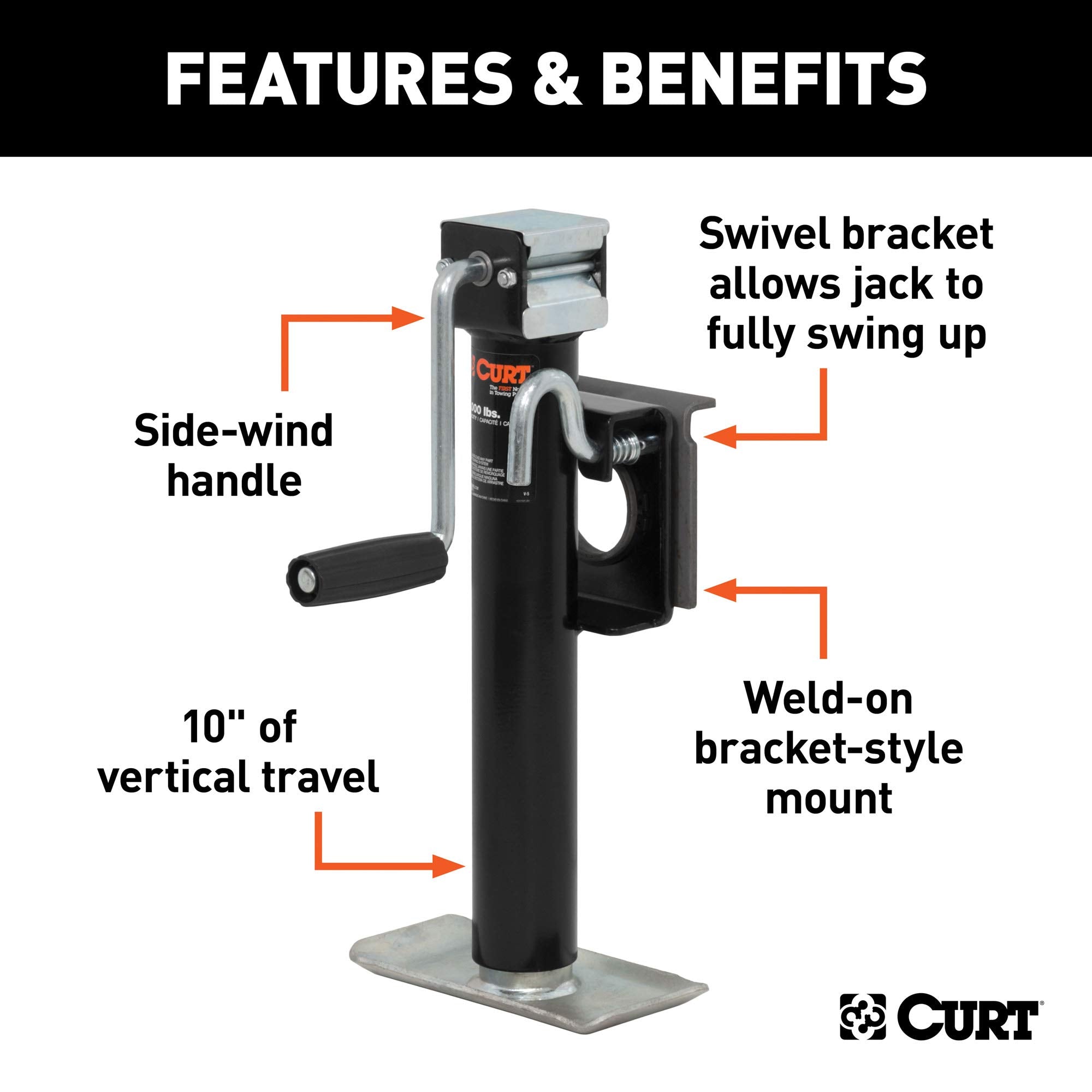 CURT 28302 Weld-On Bracket-Style Swivel Trailer Jack, 2,000 lbs. 10 Inches Vertical Travel
