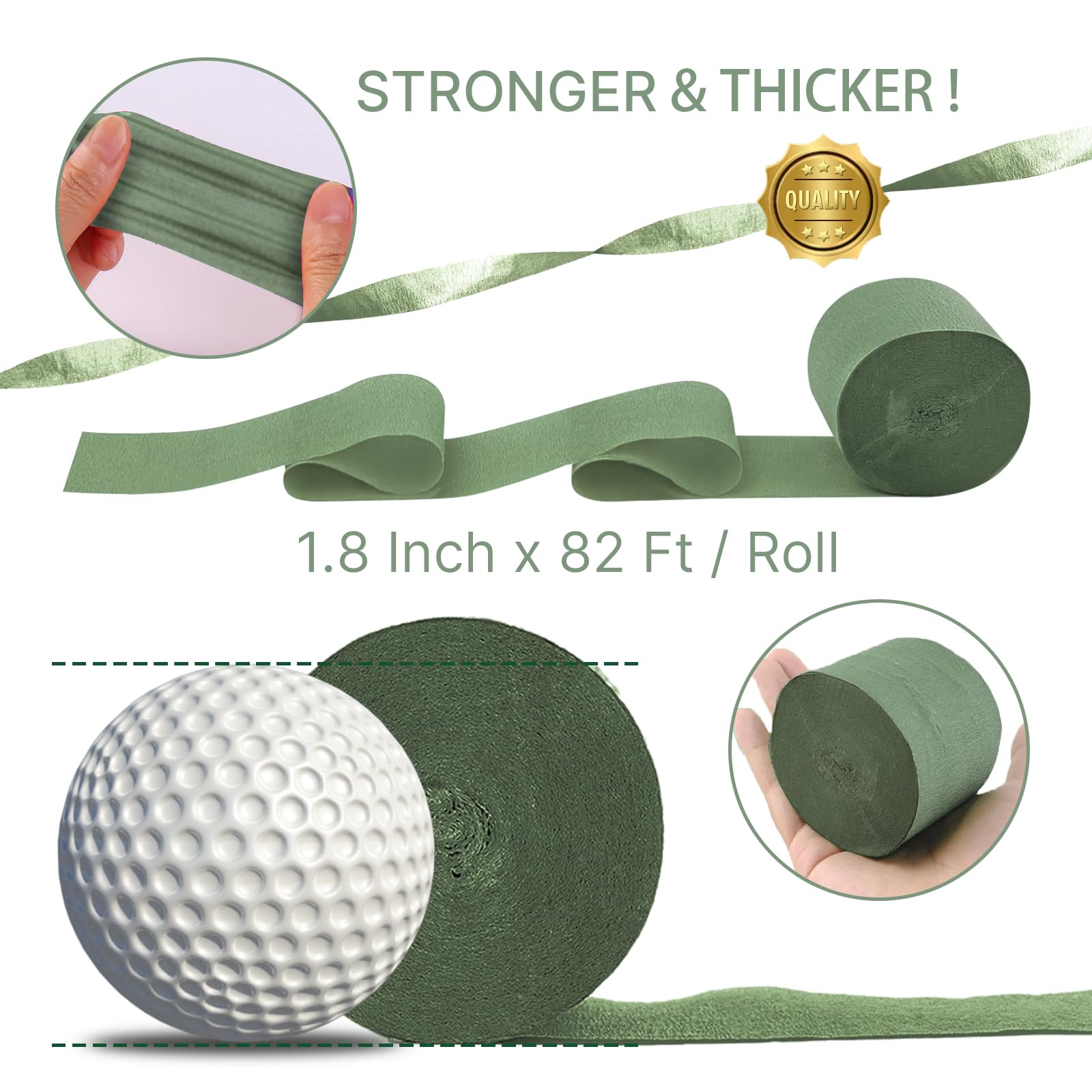 PartyWoo Green Crepe Paper Streamers 10 Rolls 820 ft Pack of Gold and Shades Sage Green Crepe Paper for Graduation Wedding Jungle Birthday Party Decorations (1.8 Inch x 82 Ft/Rolls)