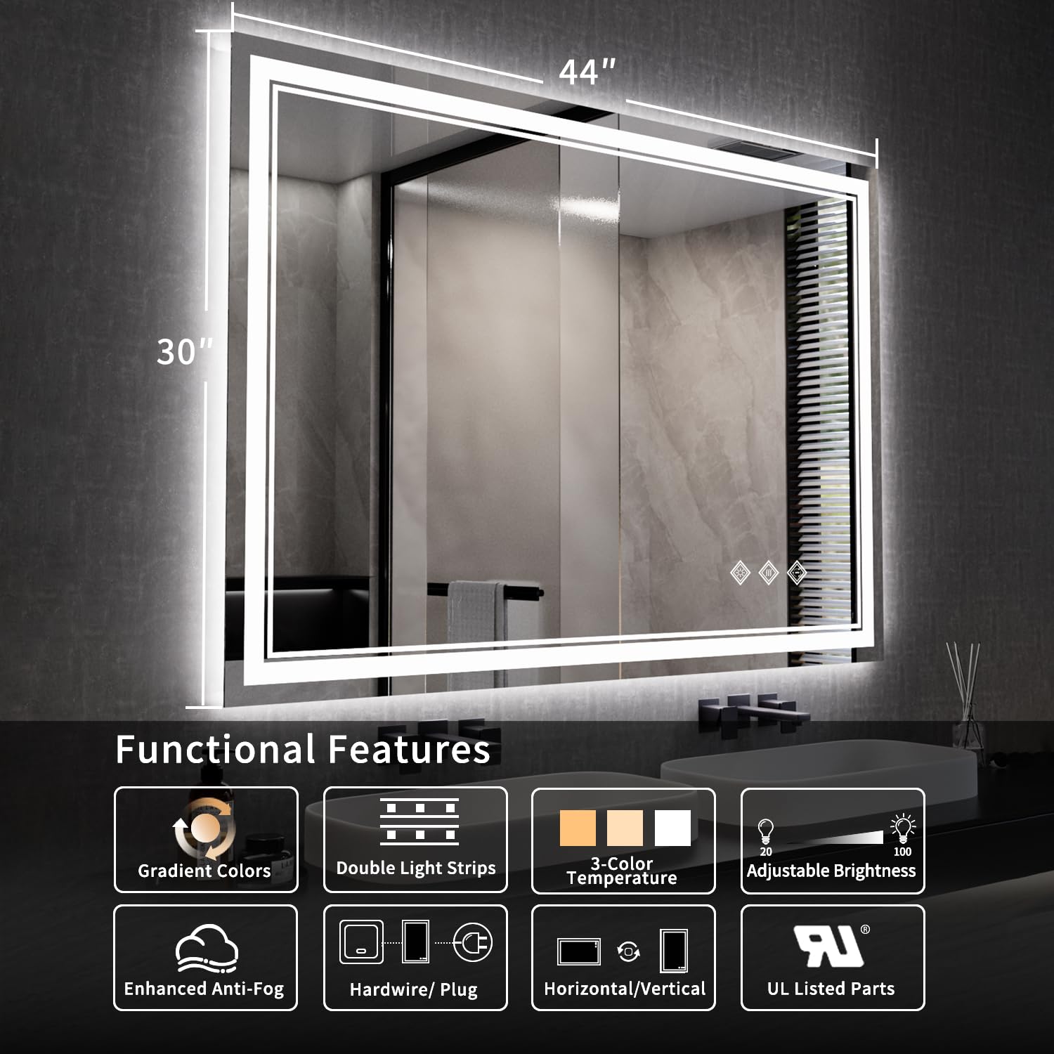 VanPokins Bathroom Mirror, 44x30 Inch Gradient Front and Backlit Smart Mirror, 3 Colors Dimmable CRI>90 Double Lights, IP54 Enhanced Anti-Fog, Hanging Plates Wall Mount LED Mirror