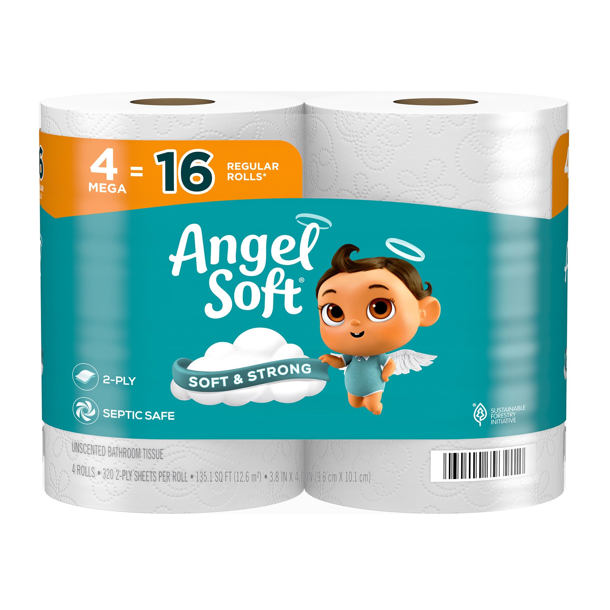 Angel Soft Toilet Paper, 4 Mega Rolls = 16 Regular Rolls, Soft and Strong Toilet Tissue