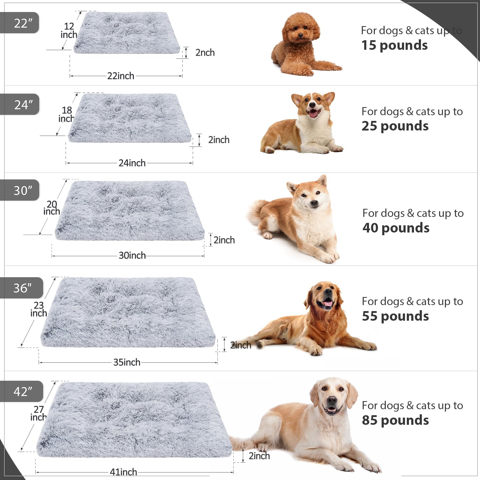 Vonabem Large Dog Bed Crate Pad 36 inch, Washable Pet Crate Beds Large Medium Small Sized Dogs, Deluxe Plush Anti-Slip Dog Mats for Sleeping, Soft Kennel Pad 35 * 23 inch Grey