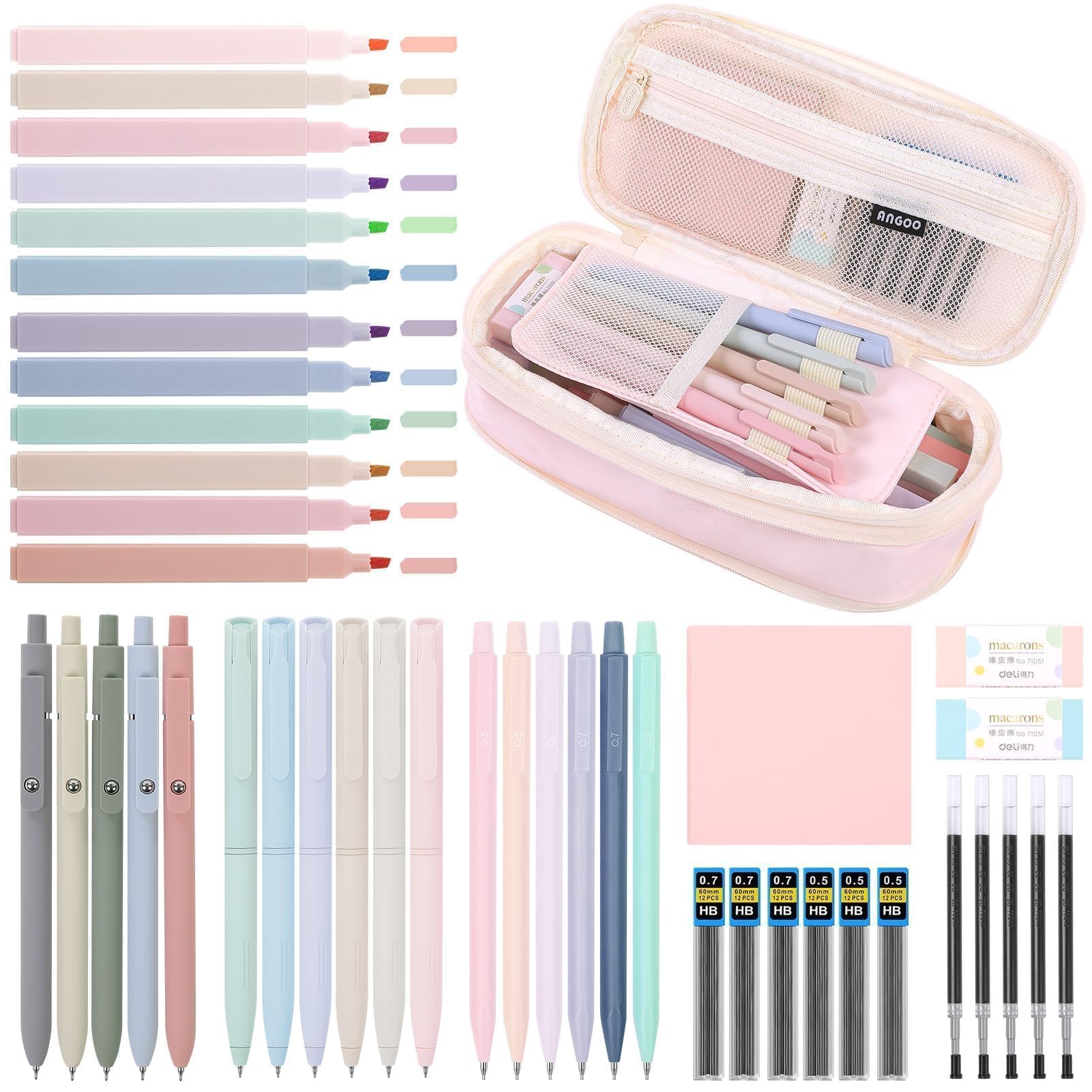 SKYDUE 44 PCS Aesthetic School Supplies with Cute Pencil Case, 12 Pastel Highlighters, 5 Black Gel Pens, 6 Color Gel Pens & Mechanical Pencils for College Essentials Stationary Set Pink