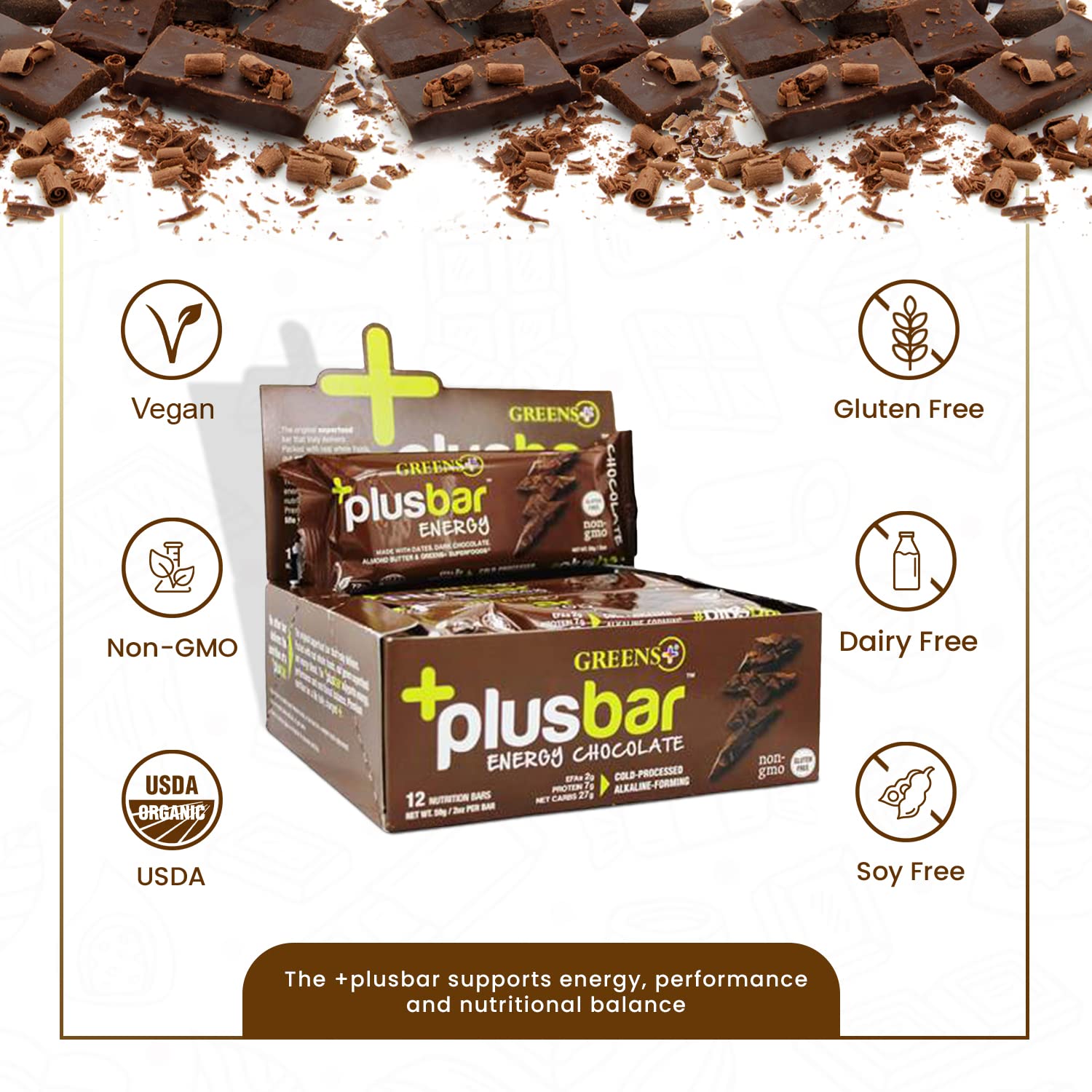 Greens+ Plusbar Energy Bars, Chocolate, Gluten Free Healthy Snacks with Organic Super Greens, Superfoods & Dark Chocolate, Vegan, Dairy Free & Non GMO, 8g Protein Meal Replacement Bars, 12 Bars