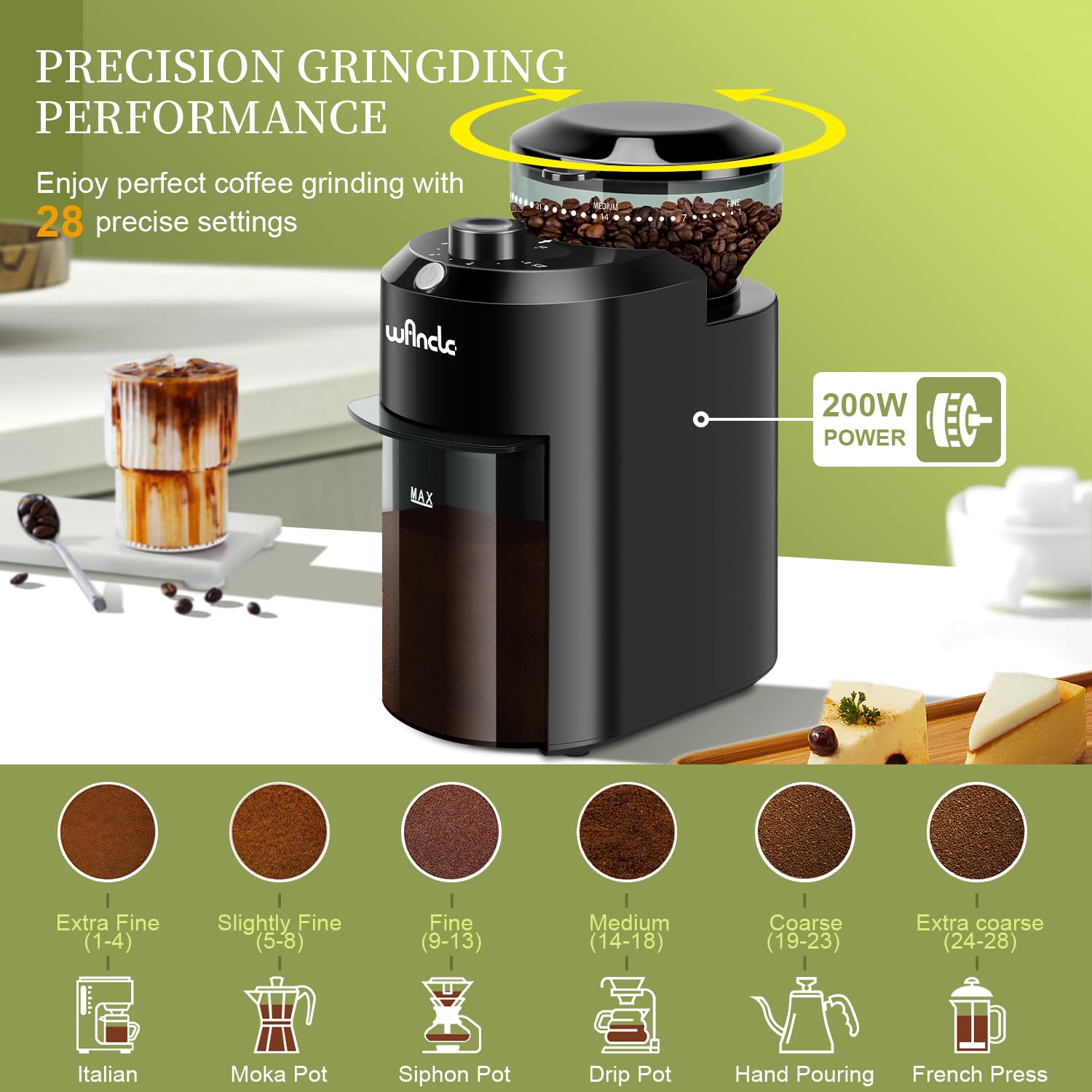 Wancle Electric Burr Coffee Grinder - Adjustable with 28 Precise Grind Settings for 12 Cups - Professional Coffee Bean Grinder