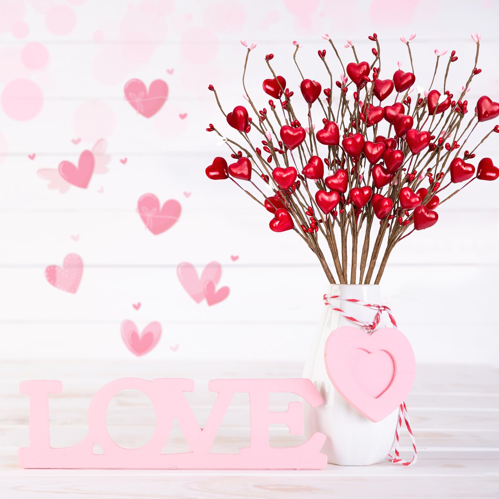 12PCS Valentines Day Decorations Artificial Flowers Picks Decor - Berry Stems with Red Heart Gifts for The Home Table Centerpieces(Style 1)