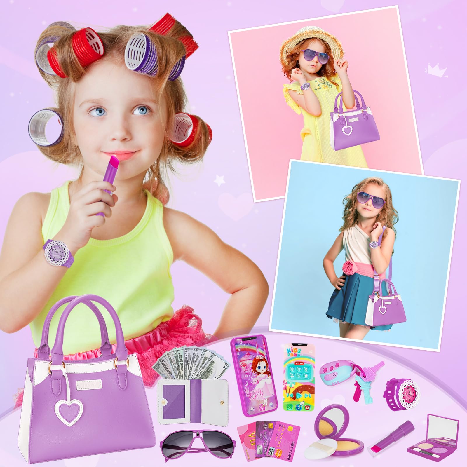 Officygnet Girls Toys for 3 4 5 6 7 8 Year Old - Princess Pretend Play Purse Toys for Little Girls, Toddler Purse with Accessories, Kids Toy Purse Birthday for Girls Ages 2-4 3-5 4-5 6-8 (Purple)