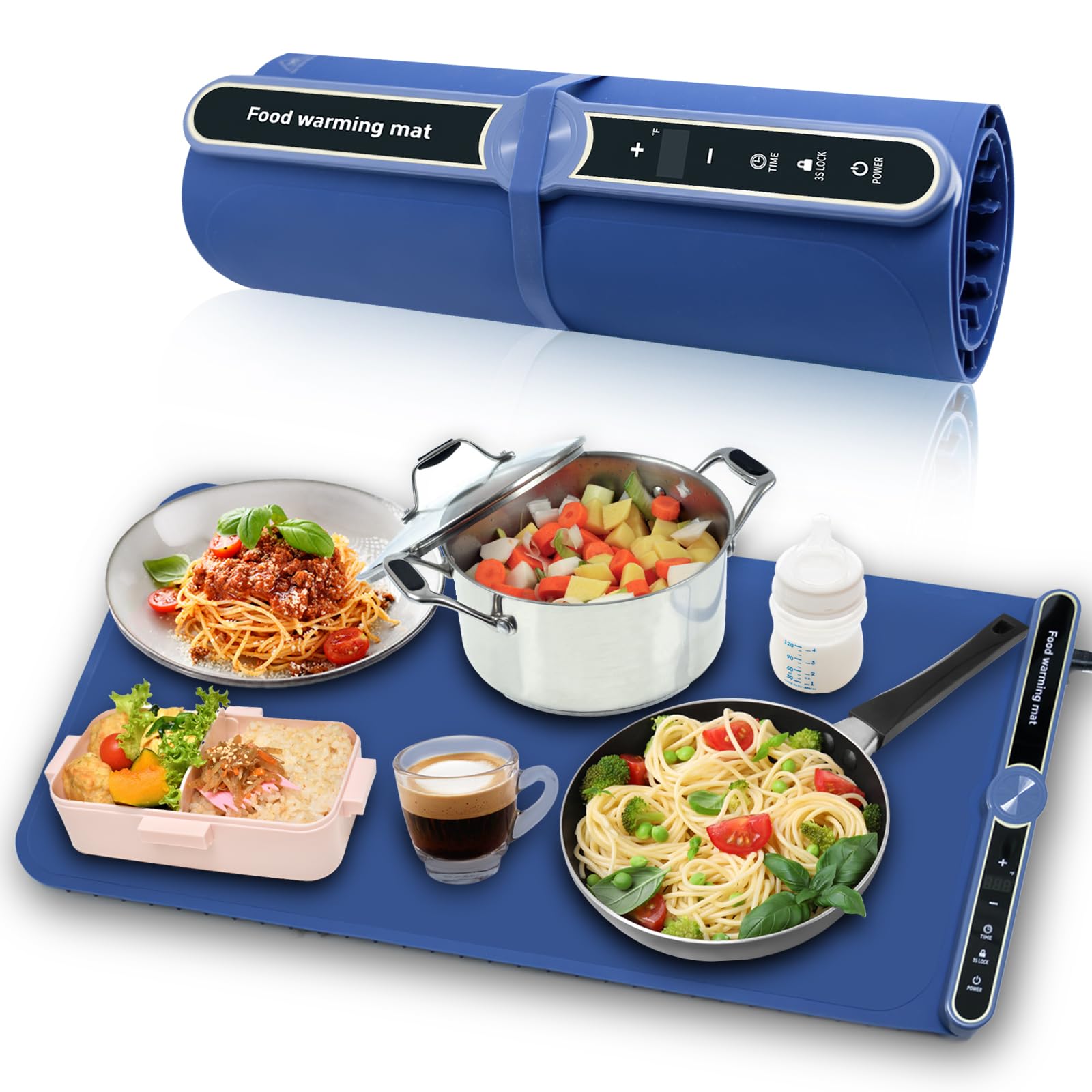 Food Warming Mat, Electric Warming Tray, 9 Heat Settings, Full Surface Heating, Rollable & Portable, Premium Silicone Nano-Material, Easy to Clean, Ideal for Parties, Buffets, and Daily Use (Blue)