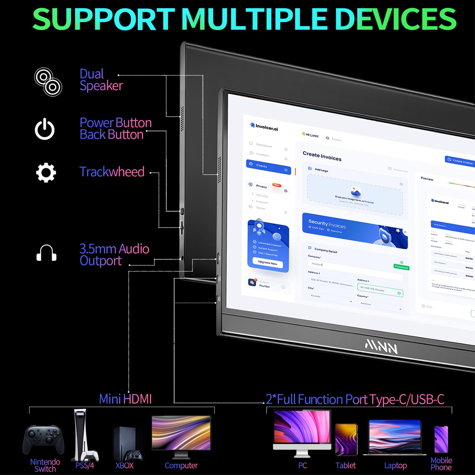 MNN Portable Monitor 15.6inch FHD 1080P USB C HDMI Gaming Ultra-Slim IPS Display w/Smart Cover & Speakers,HDR Plug&Play, External Monitor for Laptop PC Phone Mac (15.6'' 1080P)