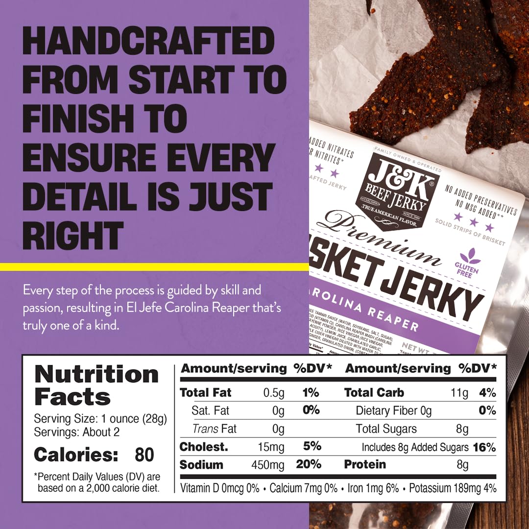 J&K Jerky Carolina Reaper Beef Brisket Jerky - Small Batch American Made Slab Beef Jerky's Spicy and Savory Snack with a Kick - Bold & Flavorful Snack! - 7oz Big Bag of Jerky's