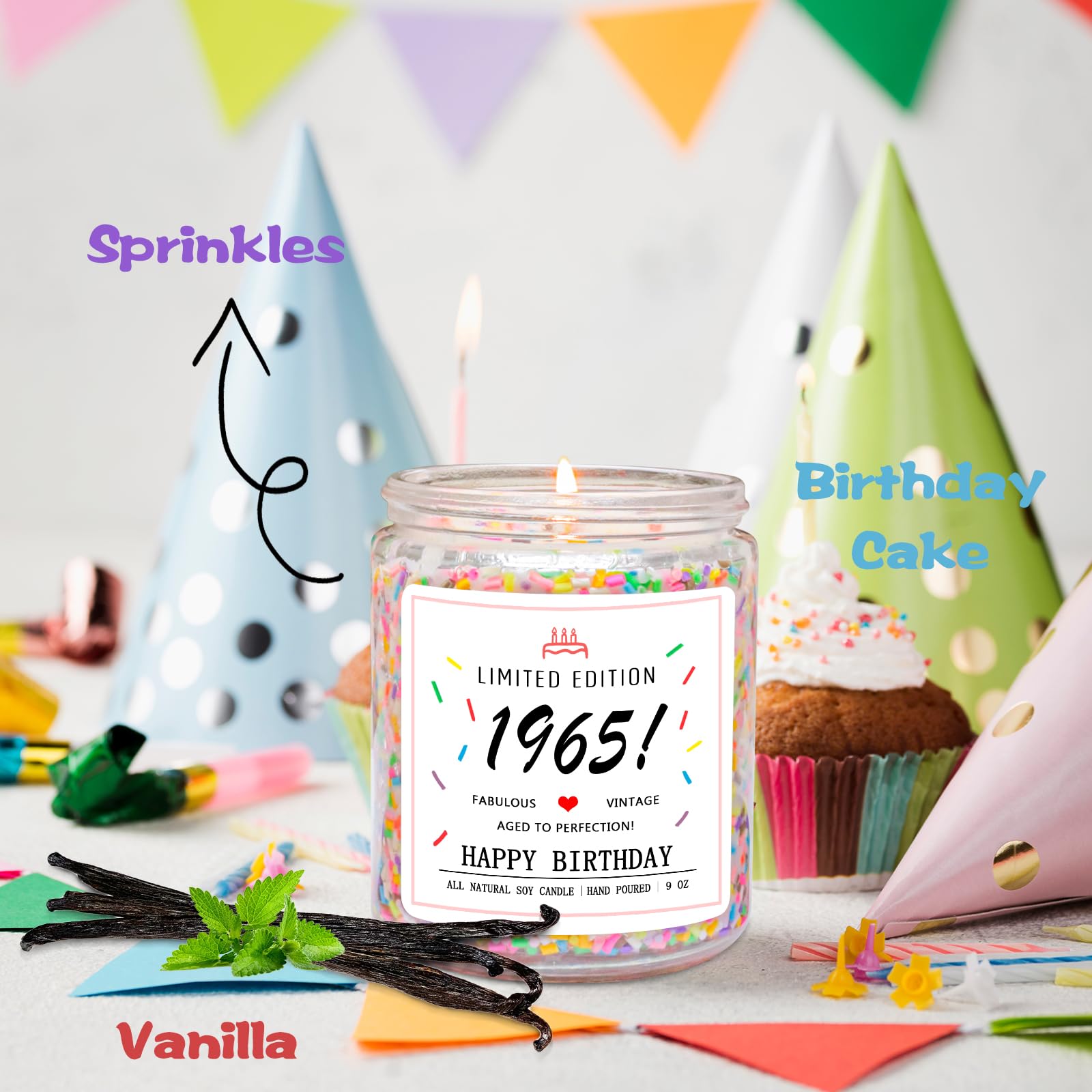 Homsolver 60th Birthday Gifts for Women Ideas, Happy 1965 60th Birthday Candle Gifts-Limited Edition 1965 Handmade Candles (Vanilla Birthday Cake Scent with Sprinkles)