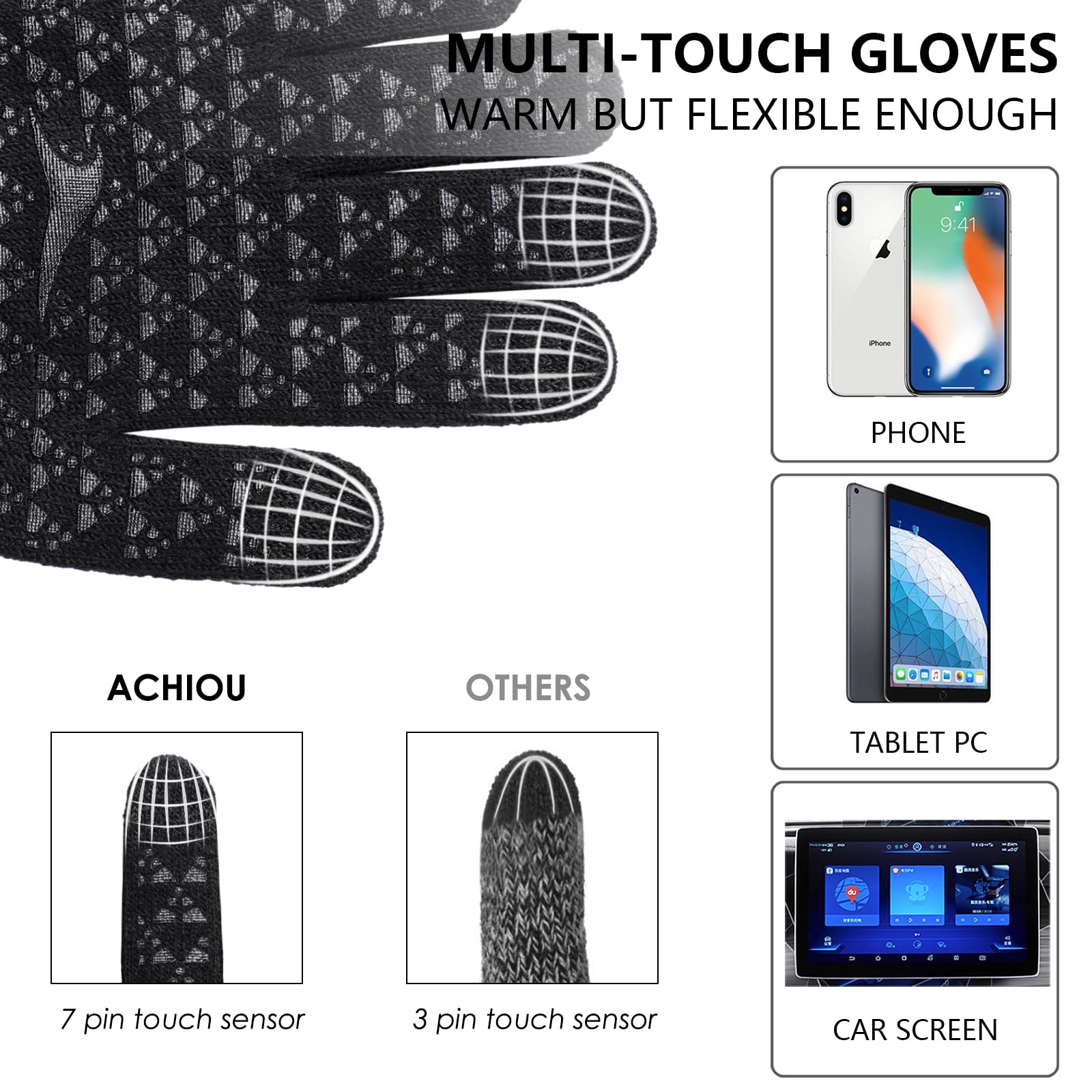 Achiou Winter Gloves, Glove for Men Women, Upgraded Touch Screen Texting Warm Running with Thermal Soft Knit Lining