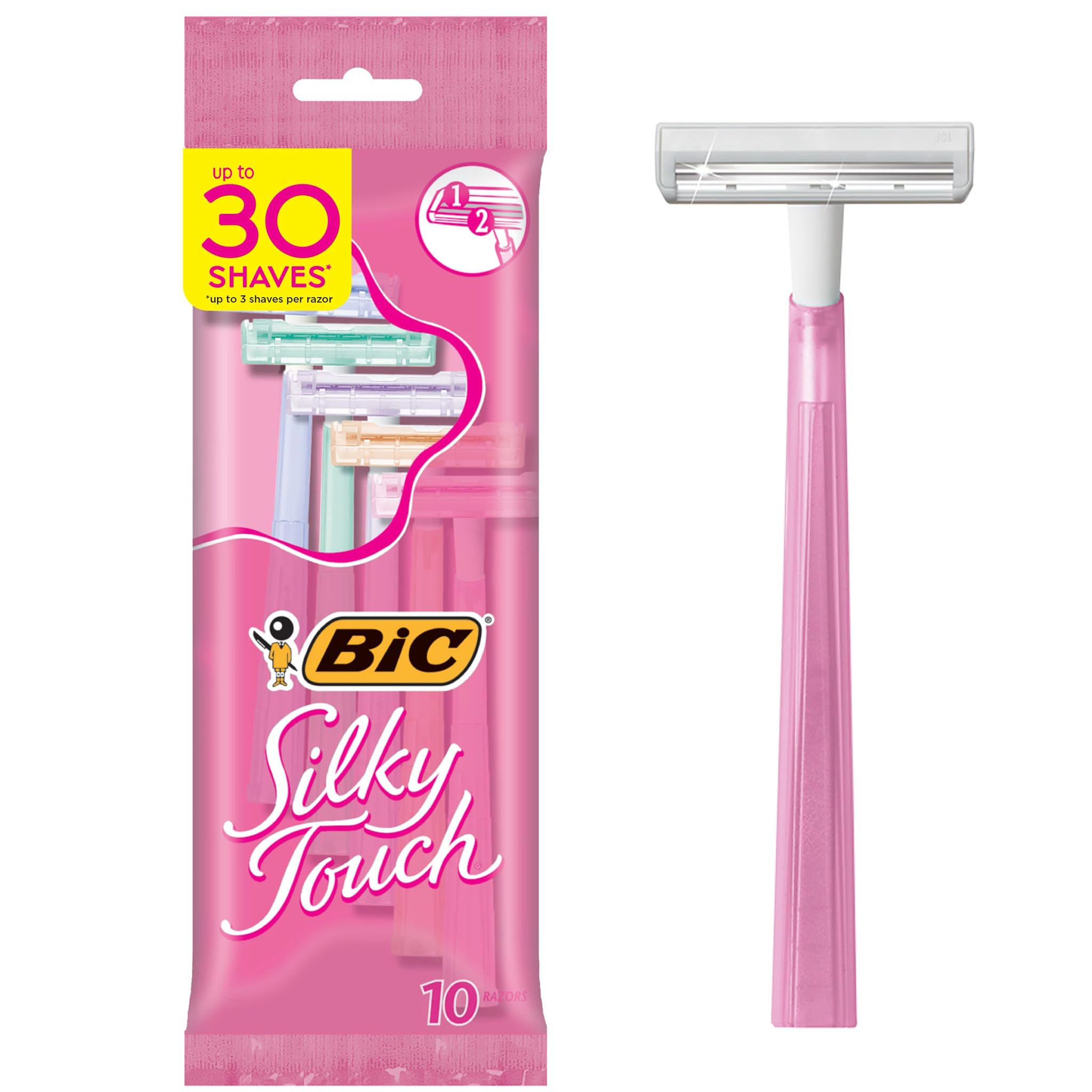 BIC Silky Touch Women's Disposable Razors, With 2 Blades, Pretty Pastel Razor Handles, 10 Count Pack of Shaving Razors