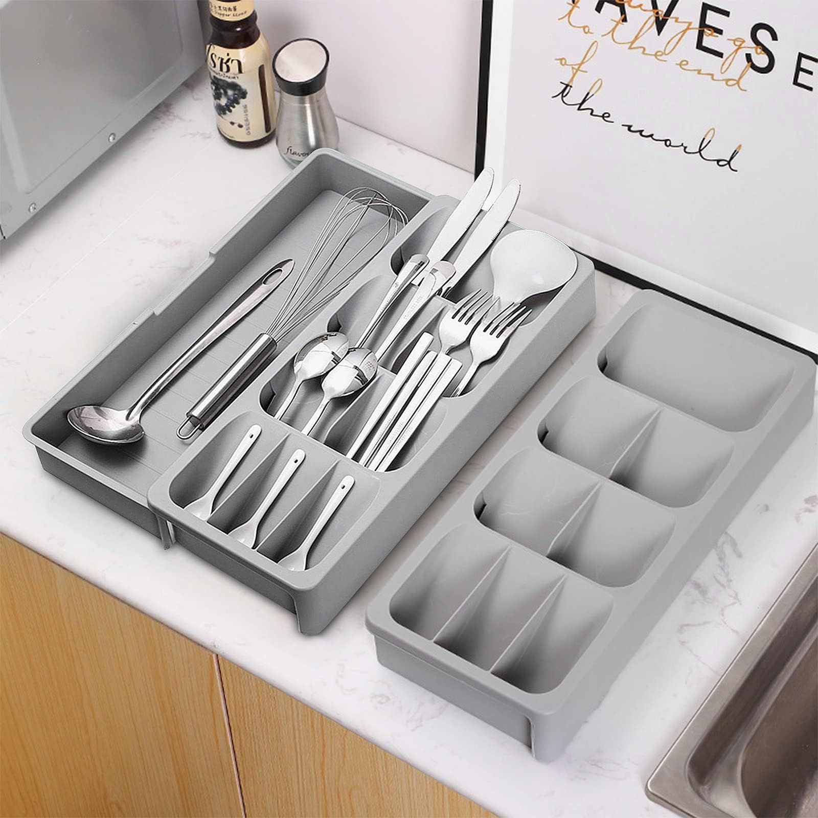 Weiliya Clokelai Kitchen Drawer Organizer Tray,Drawer Organiser,Cutlery Tray,Expandable Utensil Tray for Kitchen,Compact Plastic Storage Organisation for Spoons