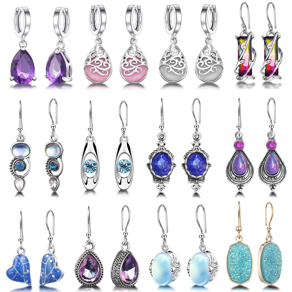 12 Pairs Teardrop Druse Crystal Drop Dangle Earrings for Women Girls Cubic Zirconia Huggie Hoop Earring Jewelry Set Christmas Gifts (1)