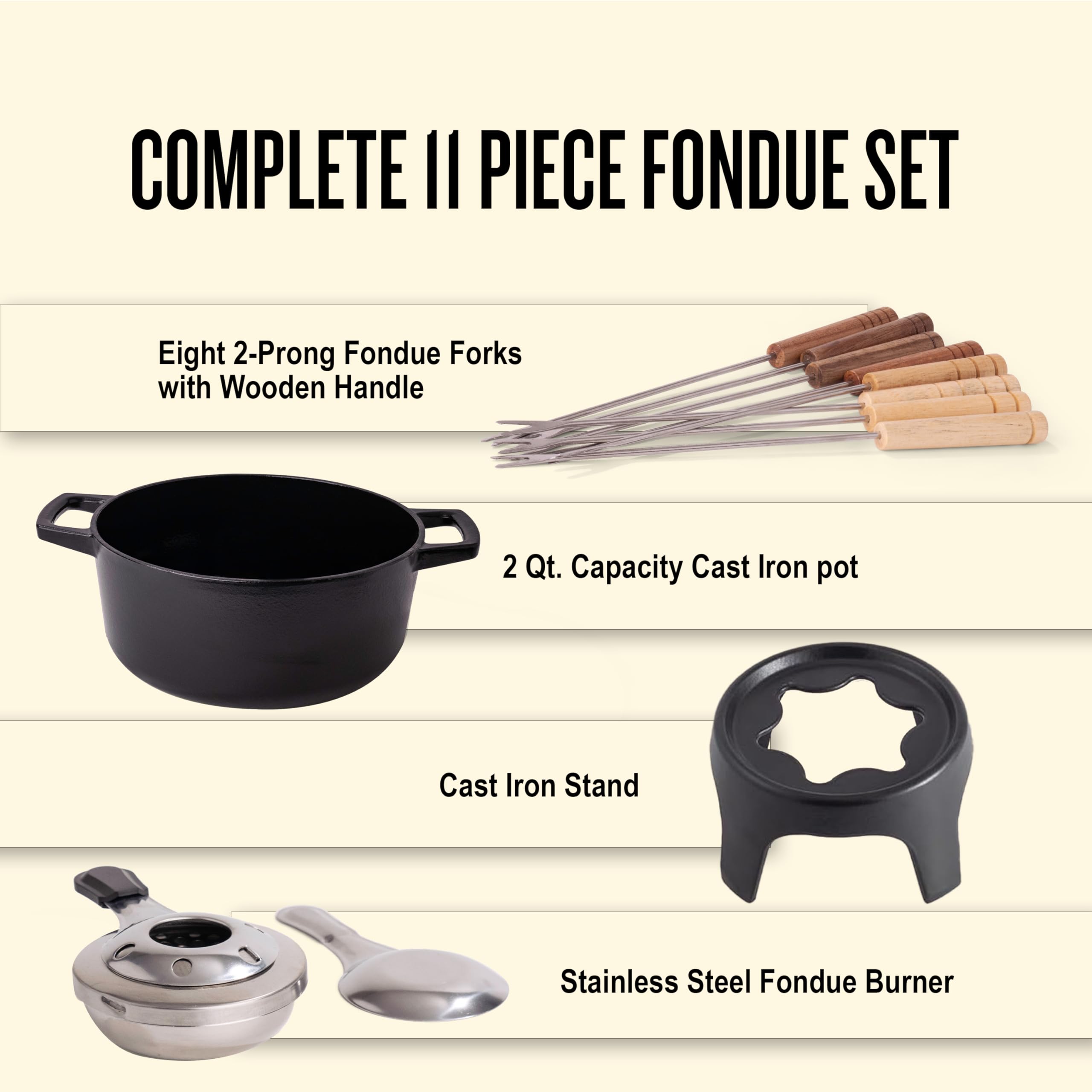 Alva Nori Cast Iron 2-Qt Fondue Pot Set – Made With No PTFE/PFOA/PFAS, Oven Safe – Works on Induction – 3-Layer Enamel, Easy to Clean, No Seasoning Needed – Includes 8 Forks, Burner & Stand