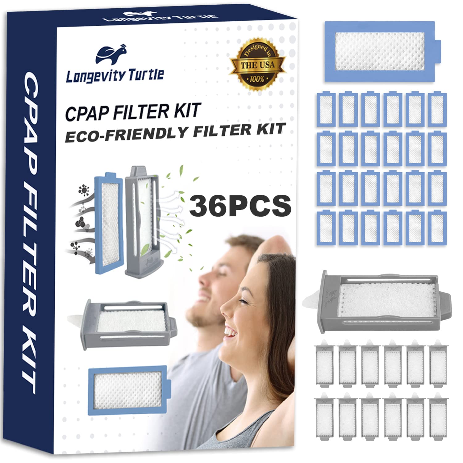 Longevity Turtle 36 PCS CPAP Filters Kit Compatible with Philips Respironics DreamStation 2 Machine, Replacement Supplies Includes 12 Reusable Pollen Filter and 24 Disposable Ultra-Fine Filters