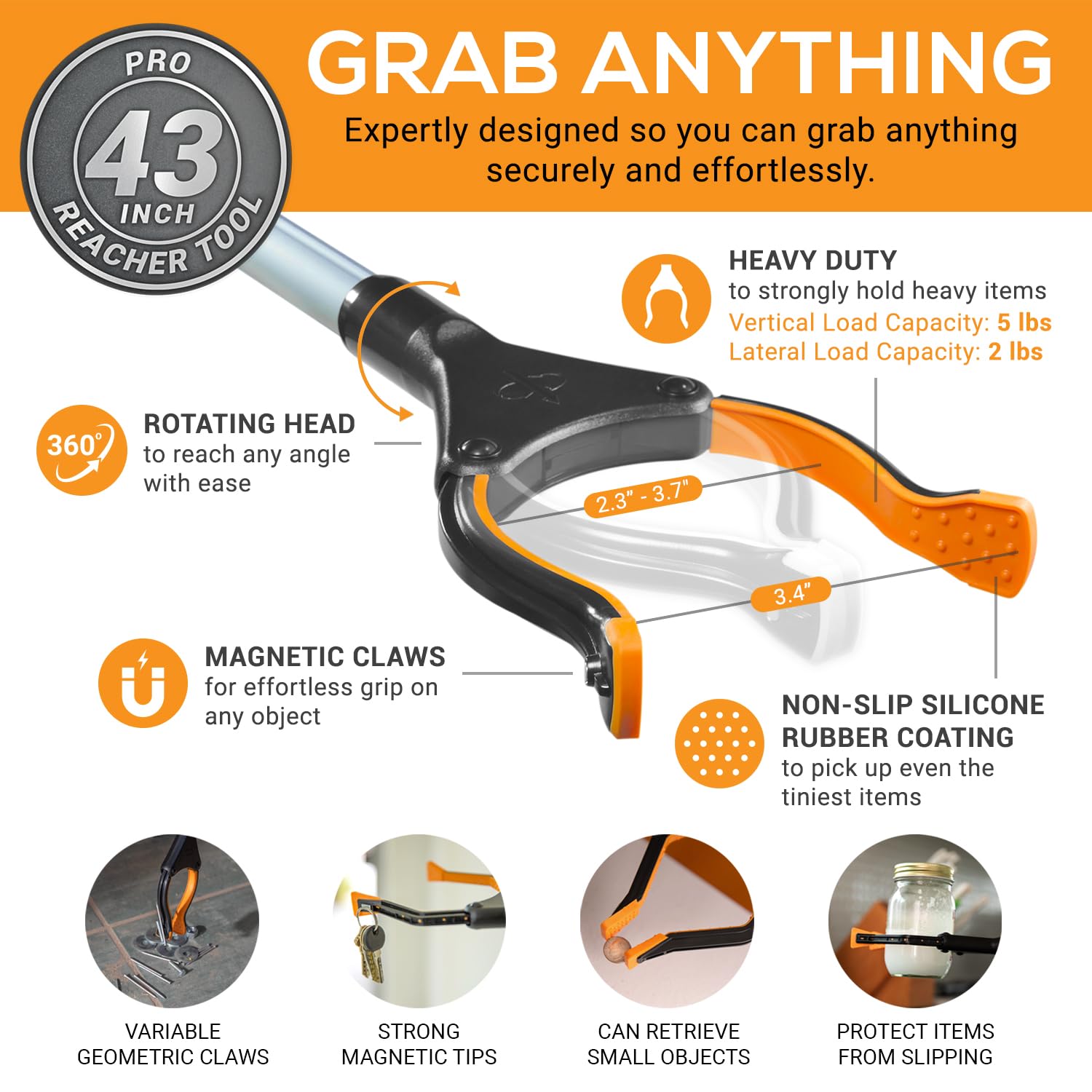 EZPIK Pro 43" Foldable Grabber Reacher Tool for Seniors - Grabbers for Elderly Reaching Tool Heavy Duty Pickup Trash Picker Upper Equipment - Claw Grabber Stick for Reaching Aids, Weed Gripper