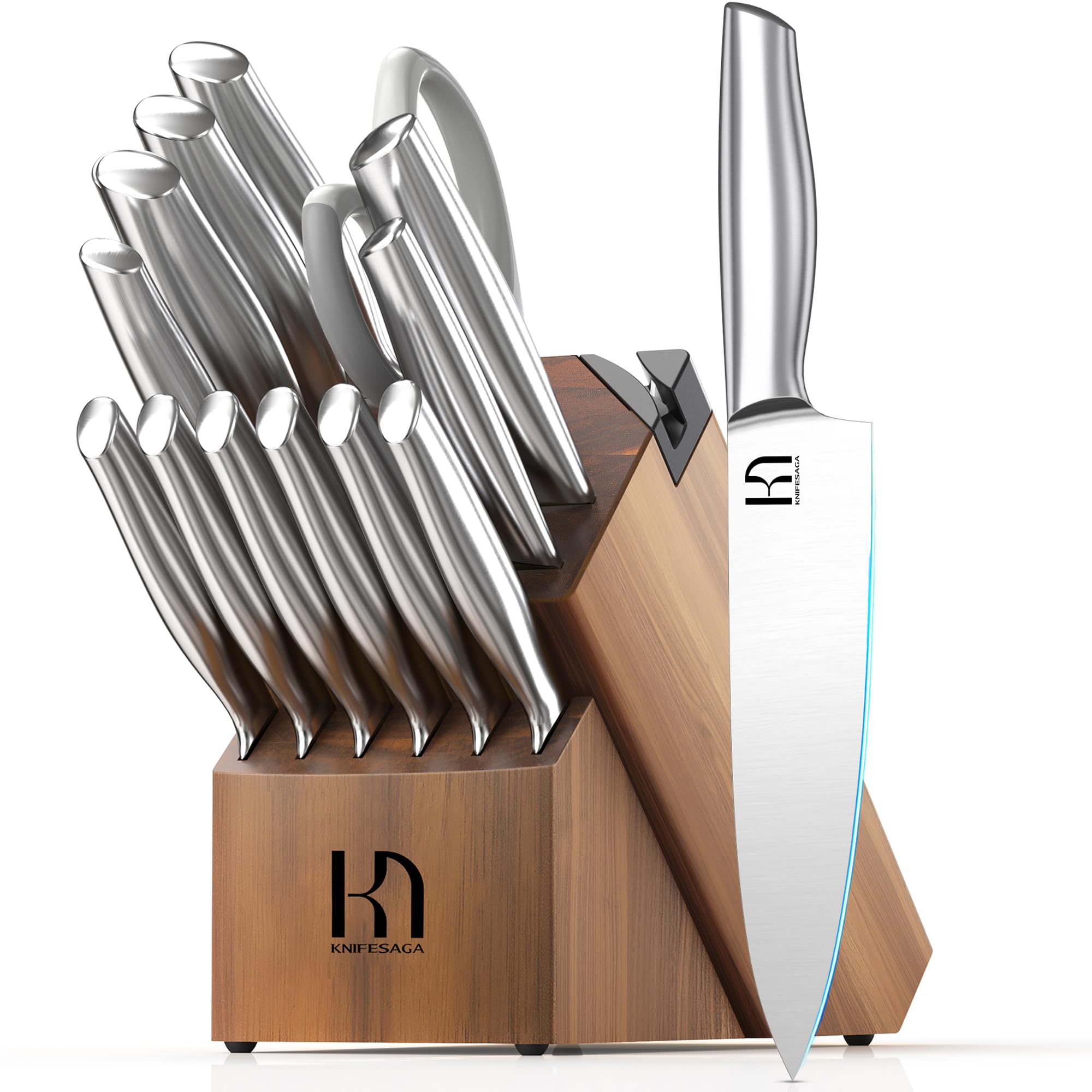 KnifeSaga 2024 Upgraded Knife Set 14 Piece Premium Japanese High Carbon Stainless Steel Kitchen Knife Block Sets with Built-in Sharpener, Razor Sharp Knives Set for Kitchen, Angled Acacia Wood Block