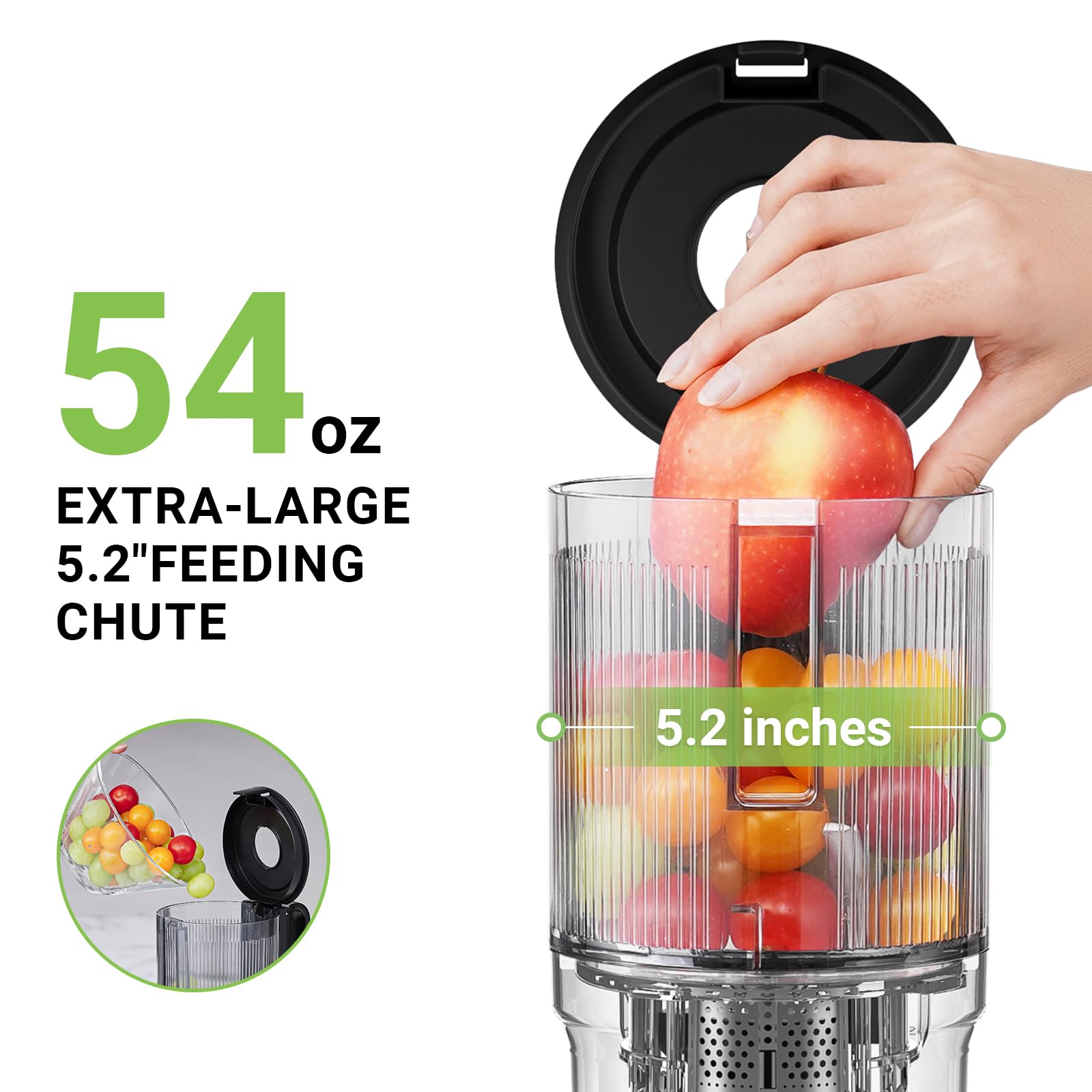 AMZCHEF Cold Press Juicer - Juicer Machine with 5.2‘’ Large Feed Chute for Whole Fruits and Vegetables - Durable Stainless Steel Masticating Juicer, Large Auger, Double Strainers (Stainless Steel)