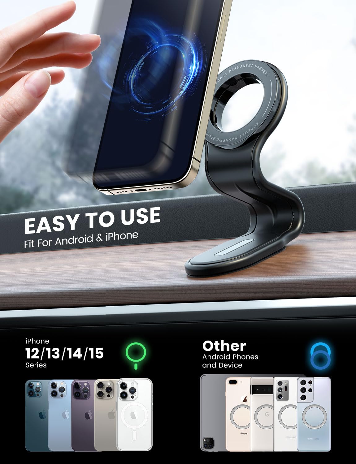 eSamcore for MagSafe Car Mount Detachable, Bendable Aluminum Arm Magnetic Phone Holder for Car【20 Strong Magnets】 Cell Phone Mount for Car Dash Fit iPhone 15 14 13 Pro Max Mini Mag Safe Accessories