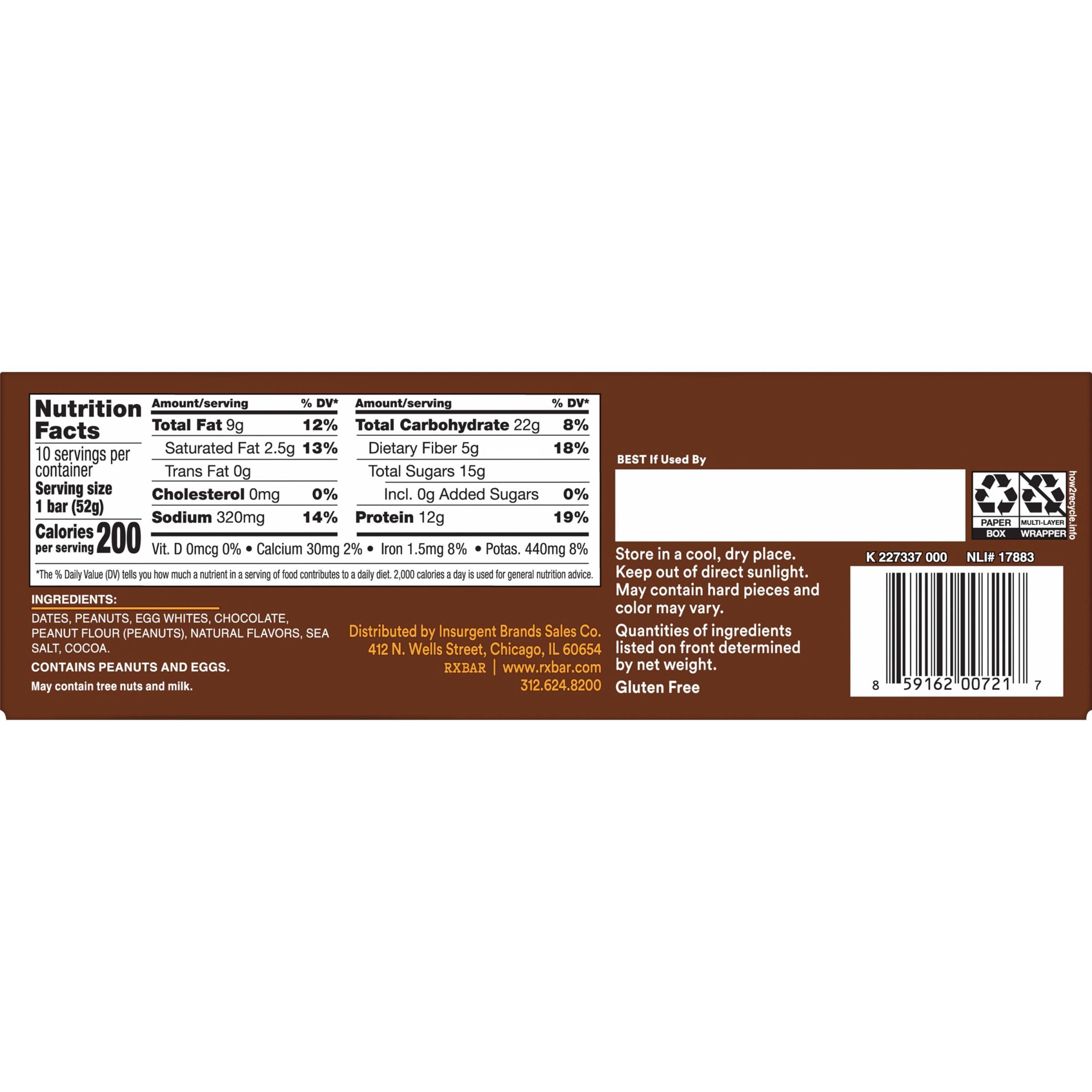 RXBAR Protein Bars, Protein Snack, Snack Bars, Peanut Butter Chocolate, 18.3oz Box (10 Bars)