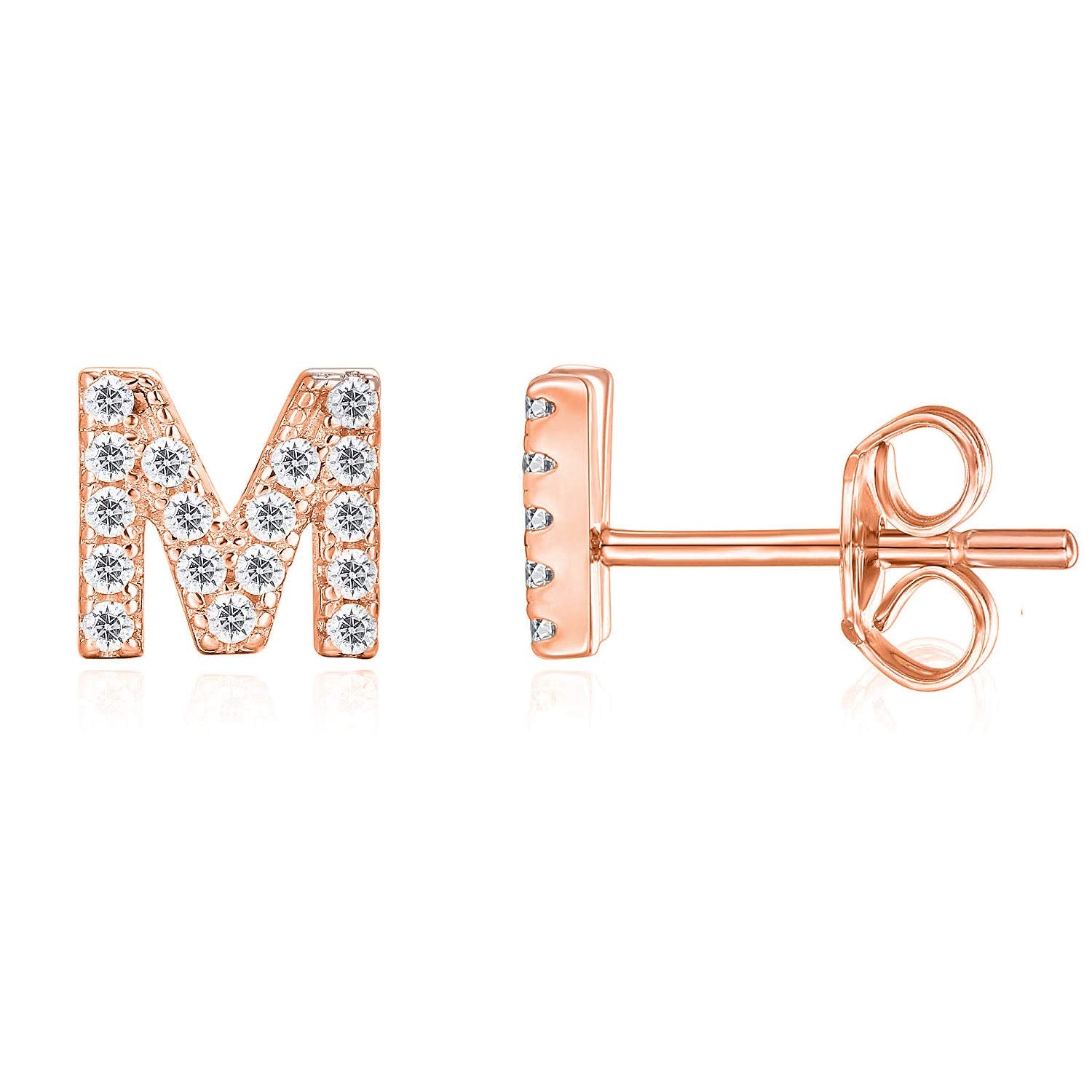 PAVOI 14K Rose Gold Plated Sterling Silver CZ Alphabet Letter Earrings | Initial Earrings for Women | Letter M