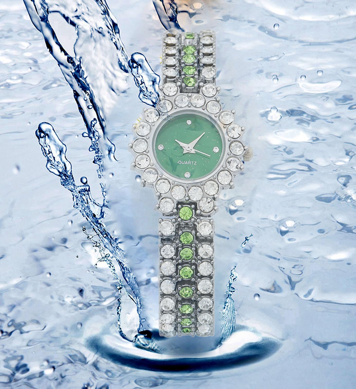 BESTKANG Women's Watch Two Tone Diamond Luxury Elegant Water Diamond Quartz Bracelet Set (Silver Green)