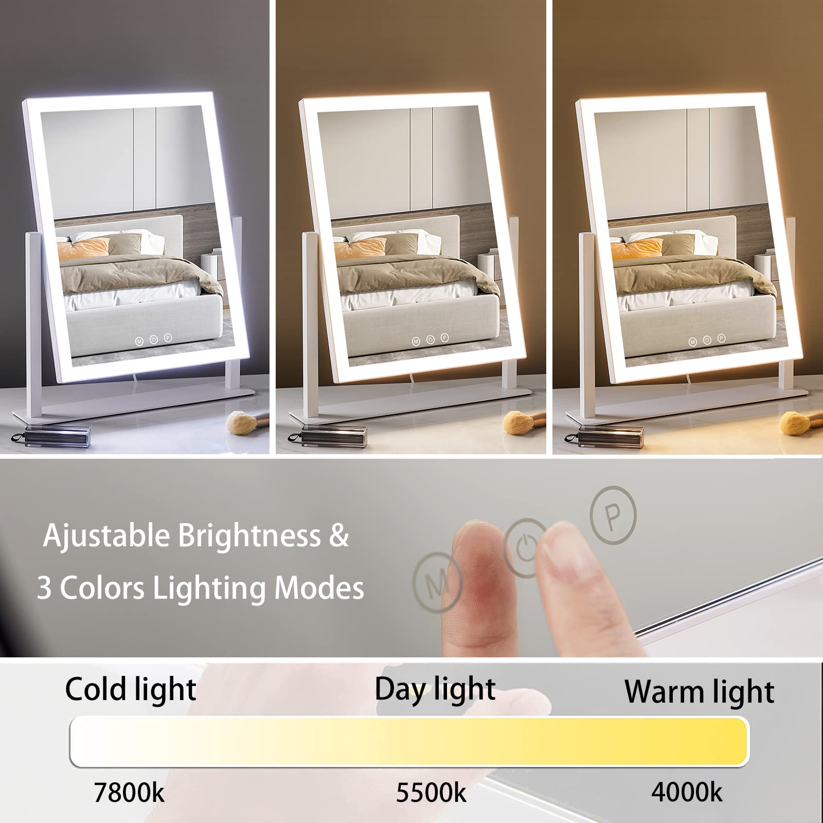 HIEEY Lighted Makeup Mirror, Hollywood Vanity Mirror with Lights, Three Color Lighting Modes, and 5X Magnification Mirror, Smart Touch Control, 360°Rotation (17.3in,White,Gift Box)