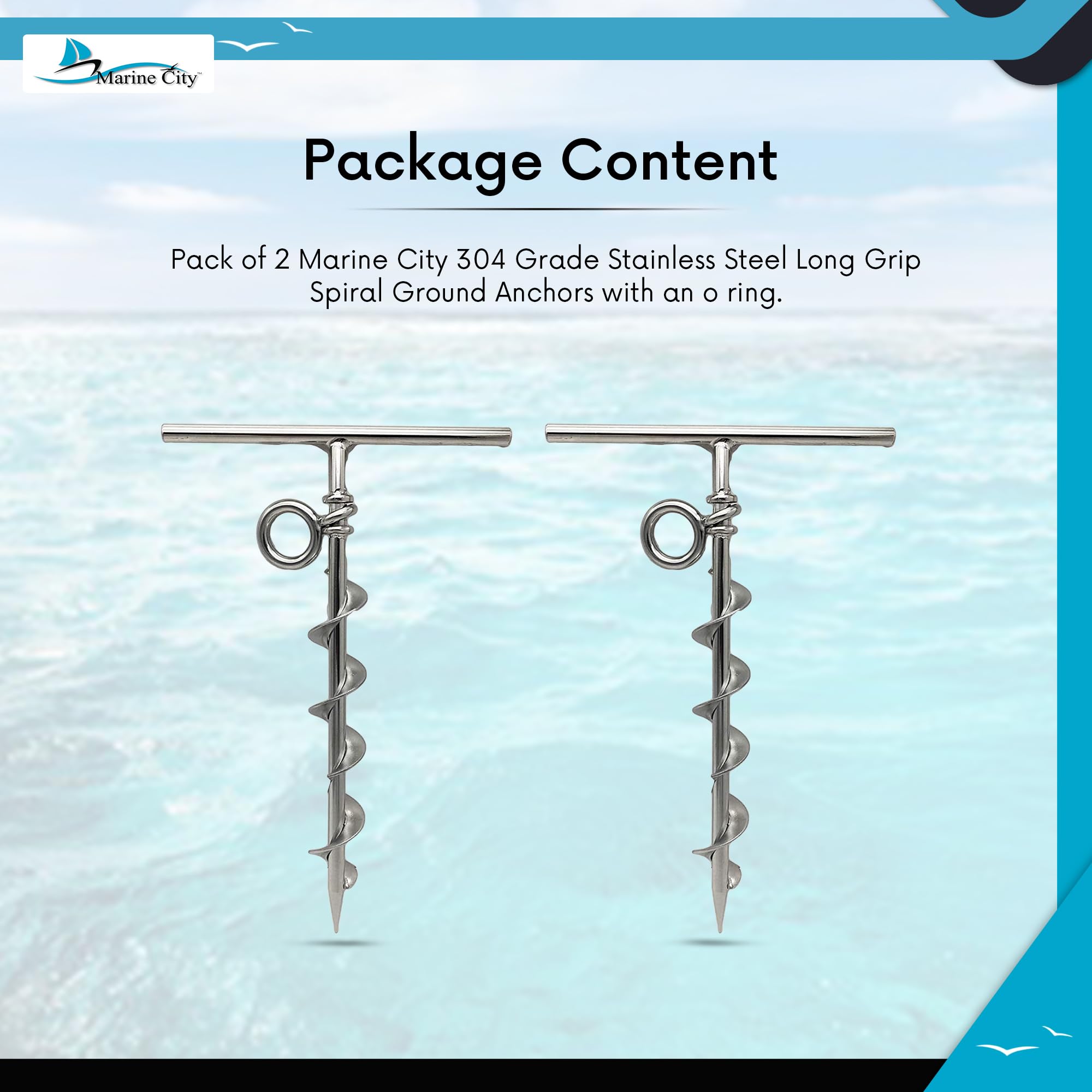 MARINE CITY 304 Grade Stainless Steel Long Grip Spiral Ground Anchor with an O-Ring for Boat Mooring on Beach – Camping Tent – Screw Dog Tie-Out Stake Backyard (Pack of 2)