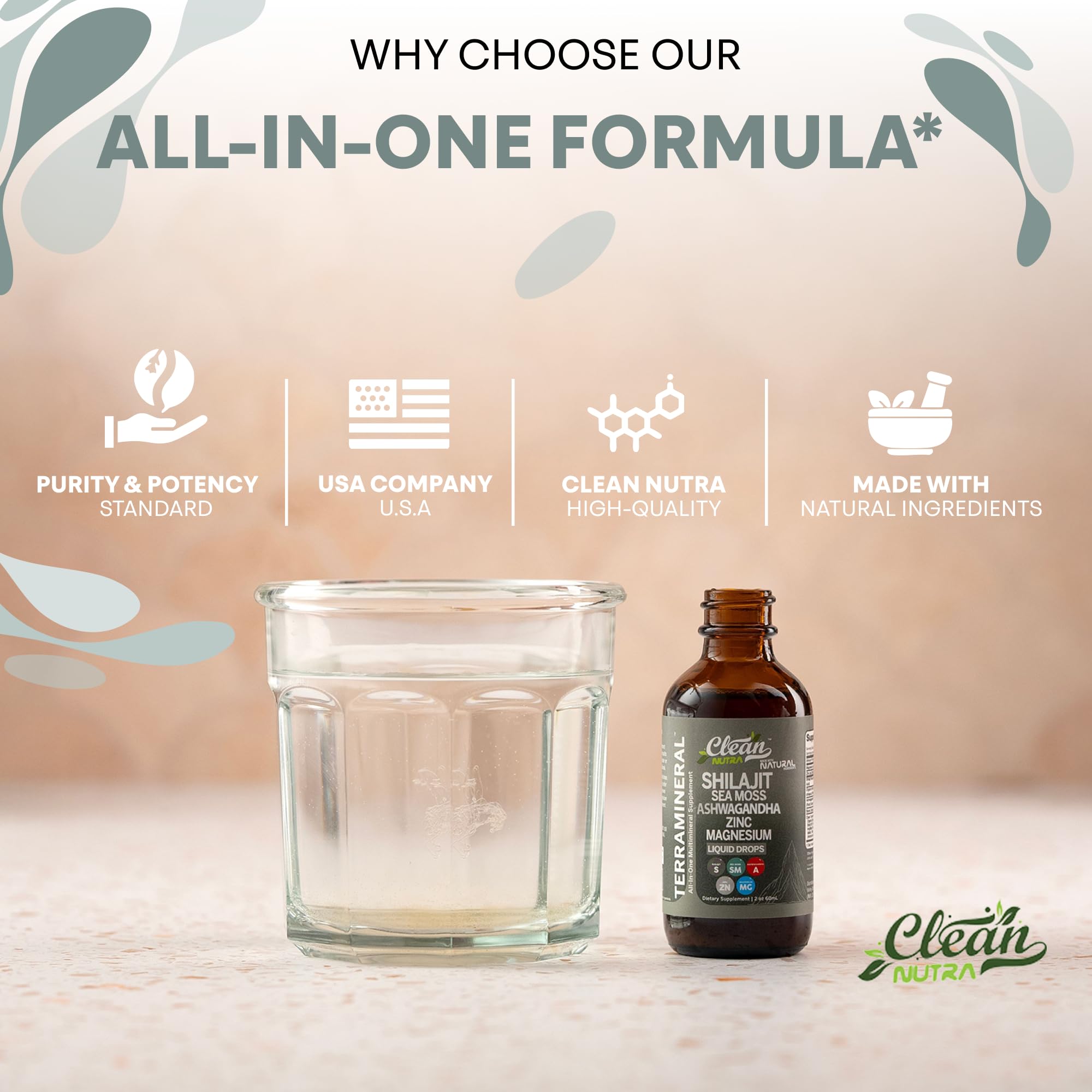 Clean Nutraceuticals Shilajit Liquid Drops with Sea Moss, Ashwagandha, Zinc, Magnesium, Liquid Vitamins for Women and Men - Terra Mineral