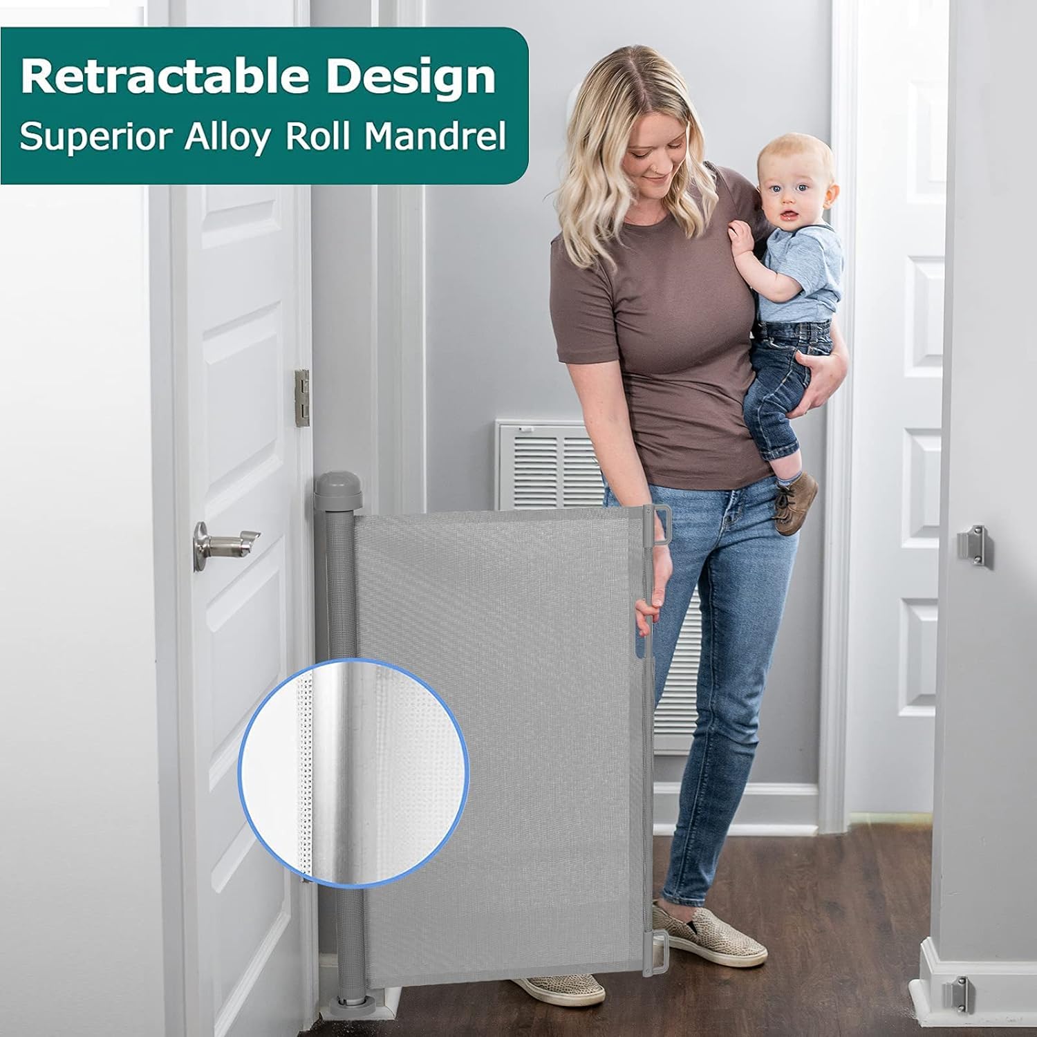 YOOFOR Retractable Baby Gate, Extra Wide Safety Kids or Pets Gate, 33” Tall, Extends to 55” Wide, Mesh Safety Dog Gate for Stairs, Indoor, Outdoor, Doorways, Hallways (Grey, 33"x55")