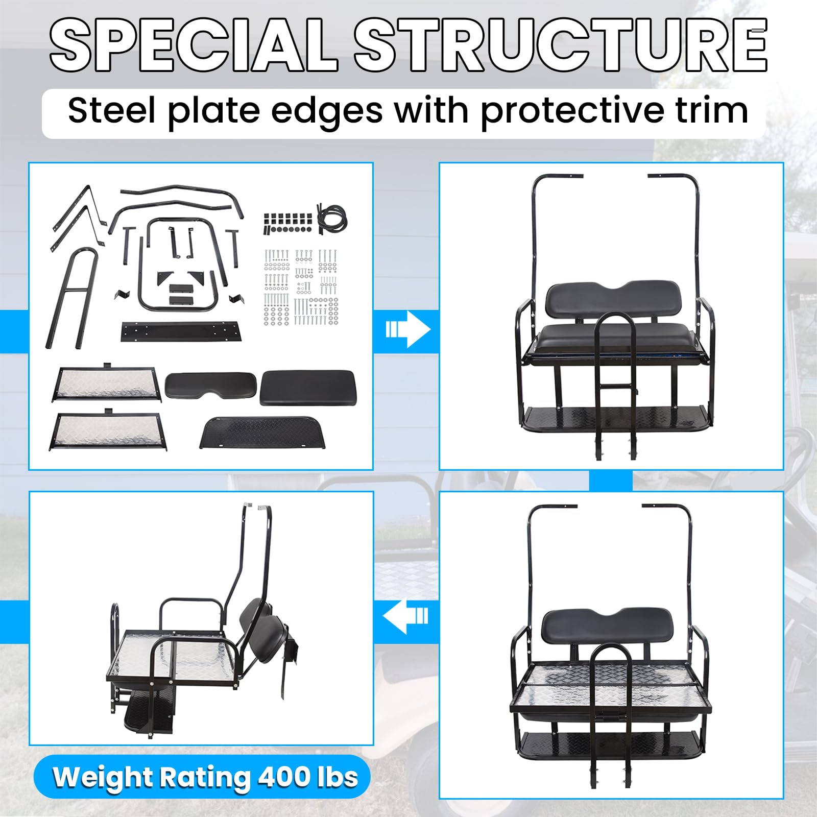 KUAFU Black Rear Flip Back Seat Compatible with 1982-2000.5 Club Car DS Model Golf Cart 1102 LBS Weight Capacity Heavy Duty Steel Frame Flip Folding Rear Back Seat Kit