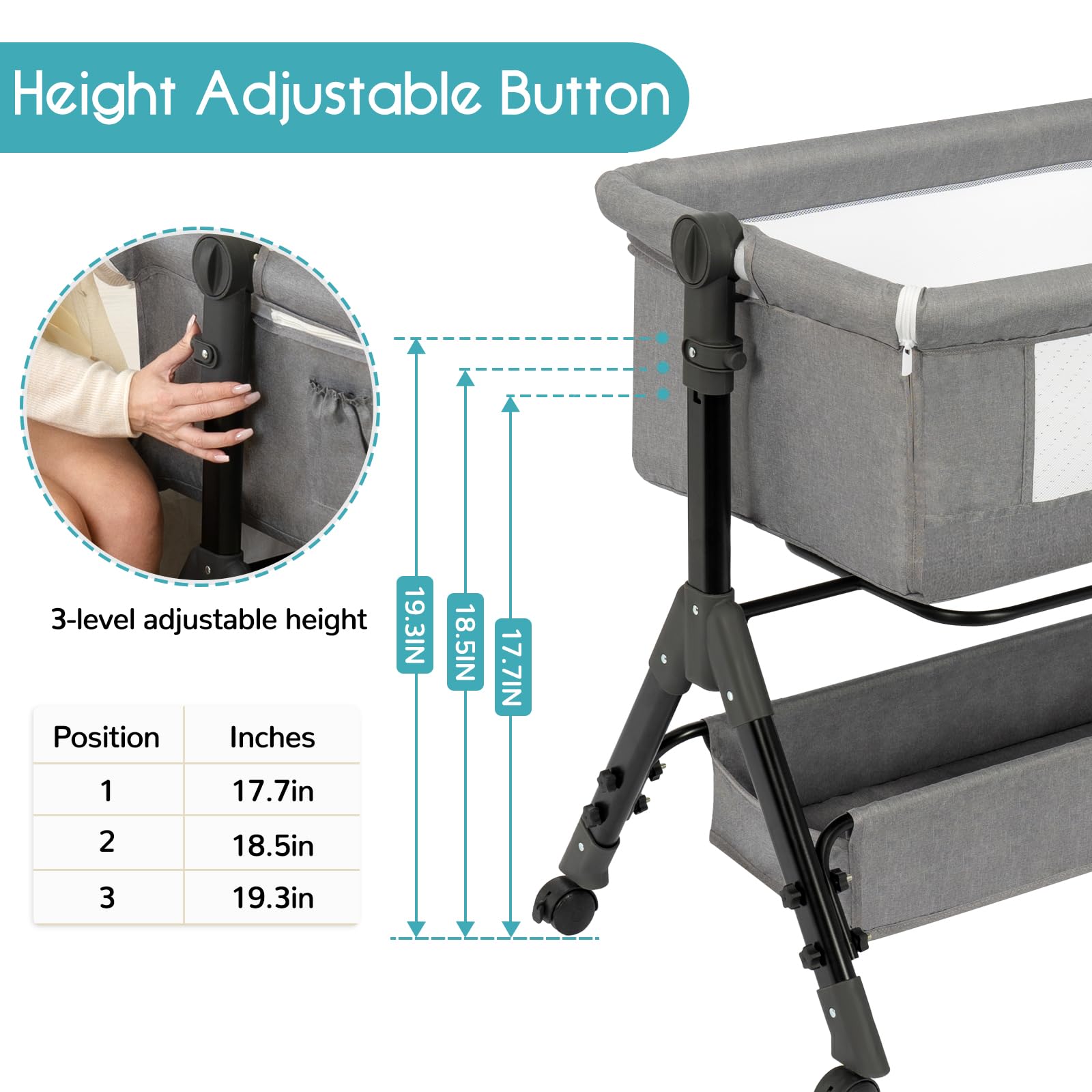 3 in 1 Baby Bassinet Bedside Sleeper, Bedside Crib for Baby, Adjustable Baby Bassinet with Wheels, Storage Basket, Mattress, Easy Assemble & Folding Portable Baby Cradle (Grey)